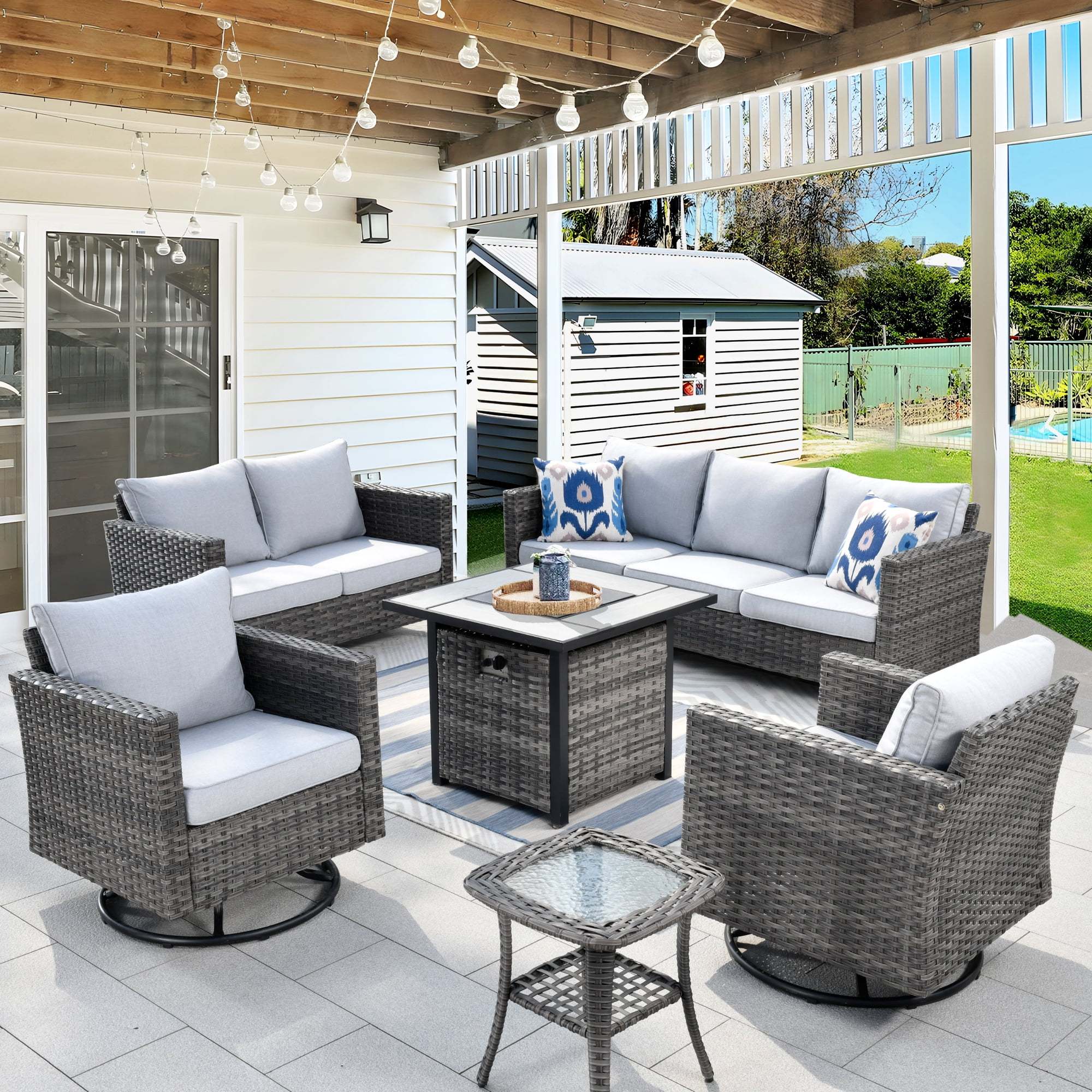 Ovios 6 Pieces Outdoor Patio Furniture Set with Gas Propane Fire Pit Table Wicker Outdoor Conversation Set with Swivel Rocking Chair for Backyard, Cushion Beige - Image 39