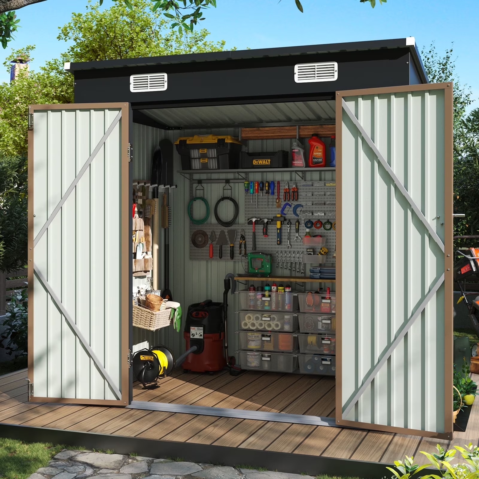 Aoxun 6' x 4' Storage Shed Lean to Storage Shed, Outdoor Metal Wall Side Storage Sheds, Outdoor Storage Cabinet for Patio, Garden, Lawn (Brown) - Image 9
