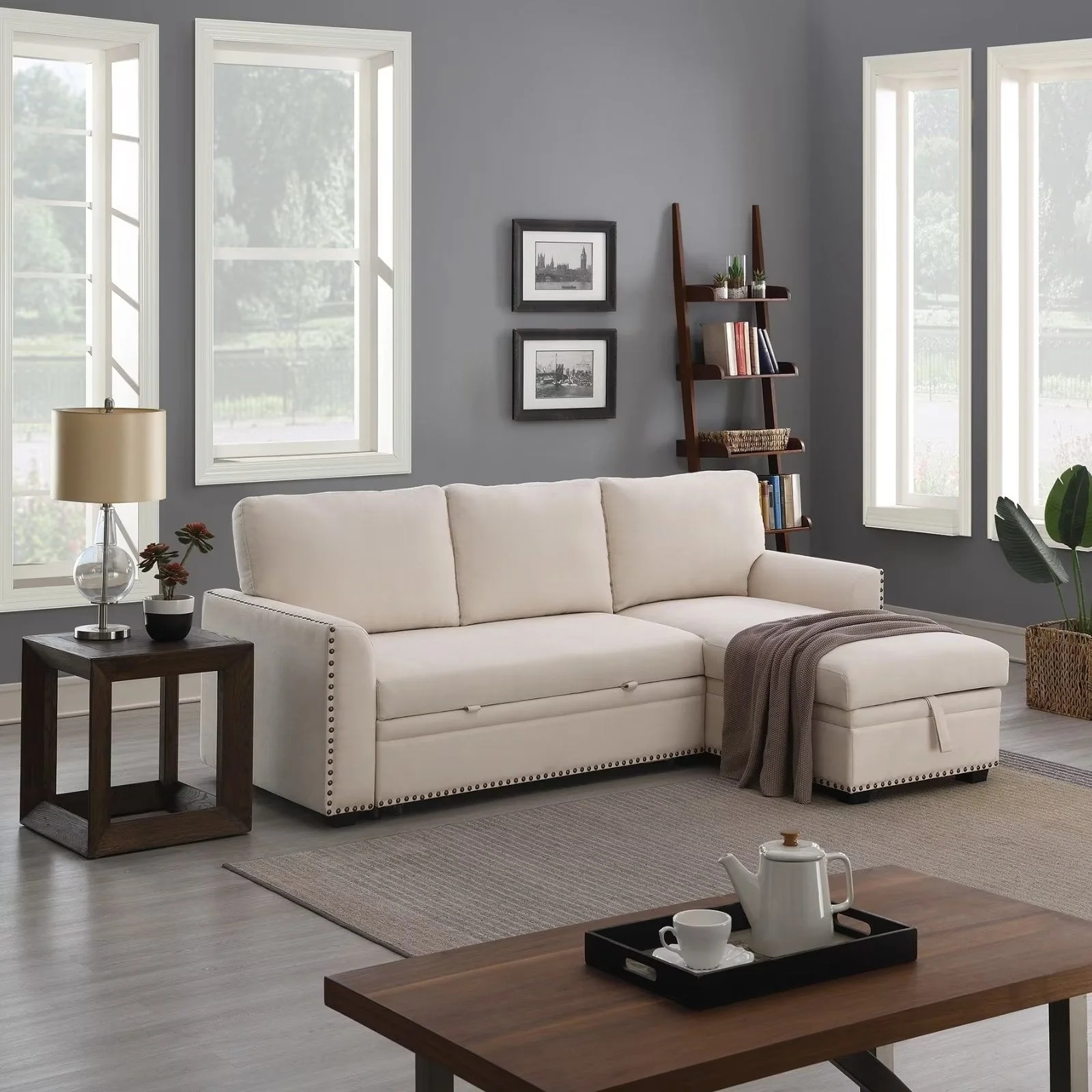 Morden Fort Velvet Reversible Sectional Convertible L-Shape Sofa Sleeper with Storage