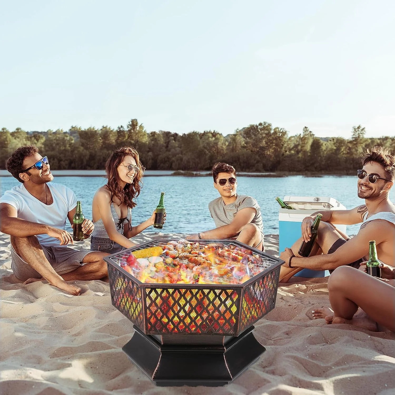 Arlopu 30'' Hex Shaped Steel Fire Pit for Outside, Wood Burning Fireplace Fire Bowl with Spark Screen & Fire Poker for Patio, Backyard, Camping - Image 4