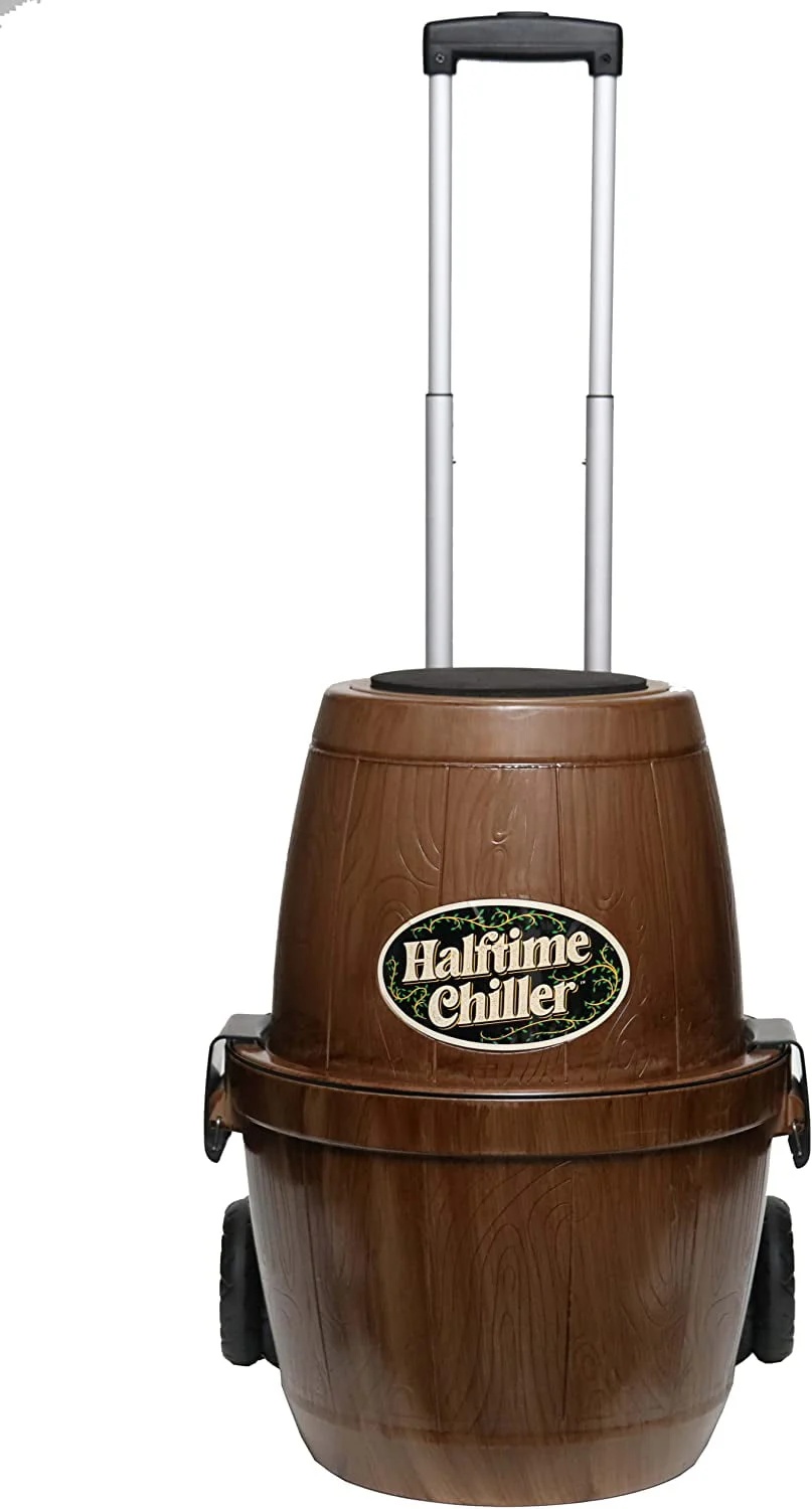 Halftime Chiller Rolling Cooler | Multifunction with Inside Storage Tray, Seat, Telescoping Handle and Exterior Storage