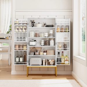 HLR 46 inches White Pantry Cabinets, Kitchen Pantry with Doors and Shelves for Kitchen, White Pantry Storage Cabinet with Black Metal Base for Living Room and Dining Room