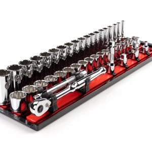 TEKTON 3/8 Inch Drive 12-Point Socket and Ratchet Set with Rails, 44-Piece (6-24 mm) | SKT13202