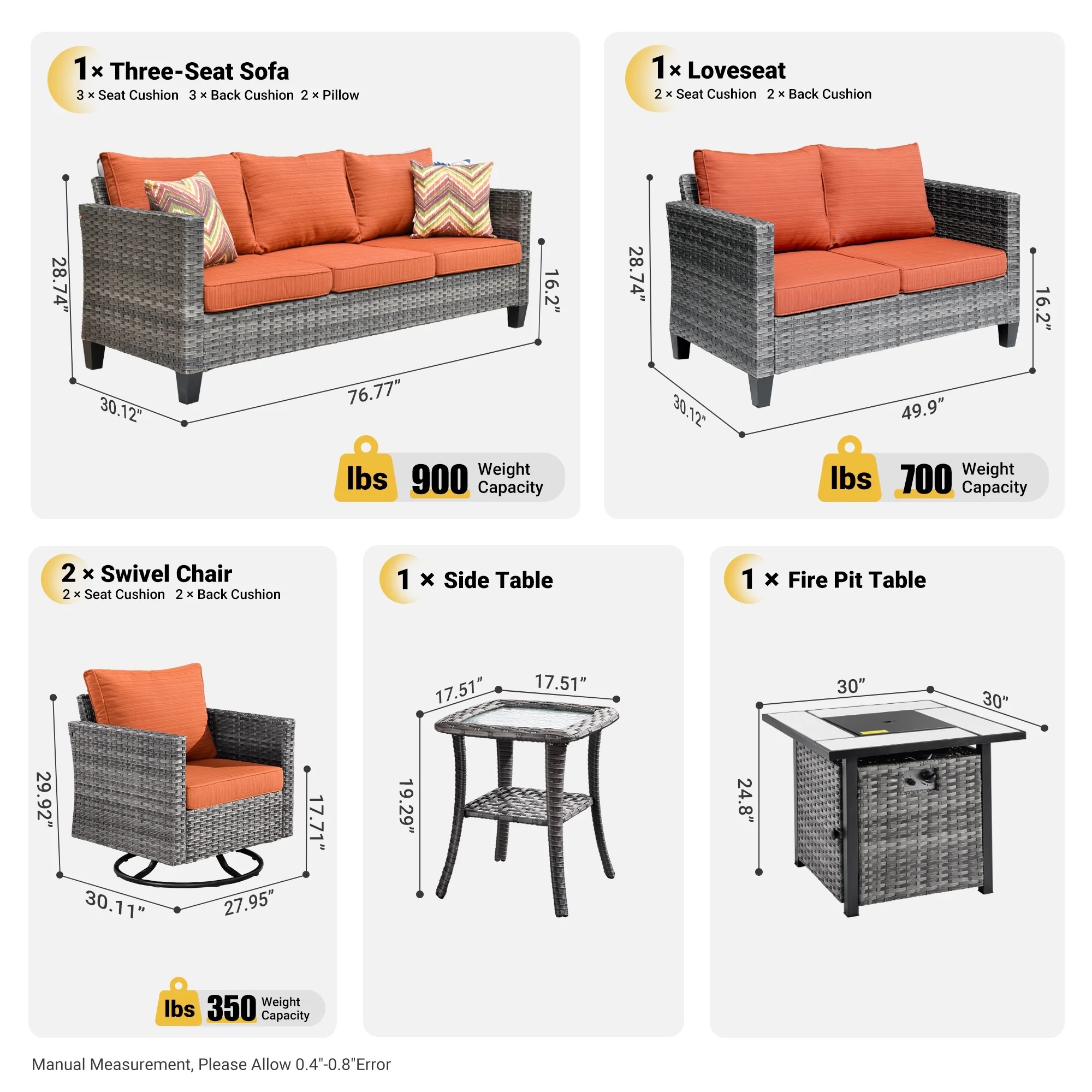 Ovios 6 Pieces Outdoor Patio Furniture Set with Gas Propane Fire Pit Table Wicker Outdoor Conversation Set with Swivel Rocking Chair for Backyard, Cushion Beige - Image 28