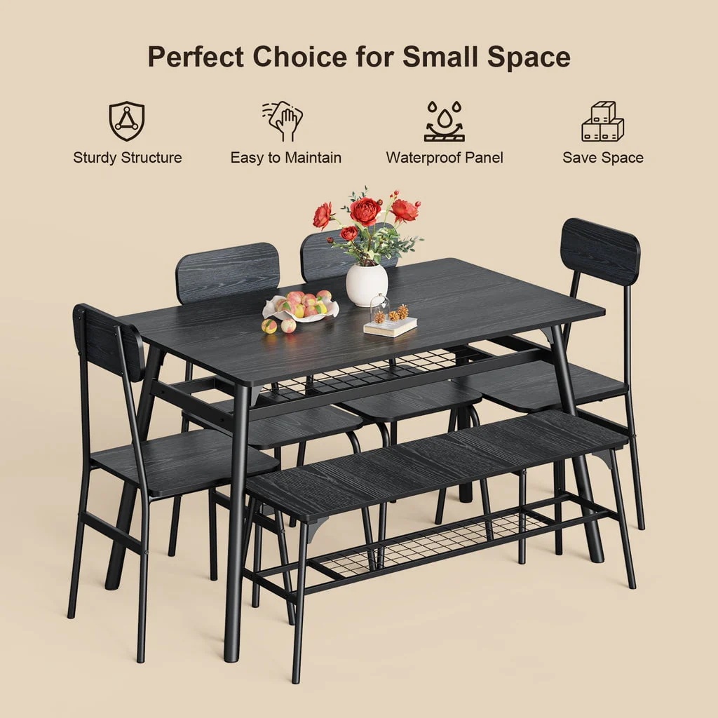 Aiho Dining Table Set for 6 with Storage Rack for Your Daily Meals and Parties - Black - Image 3