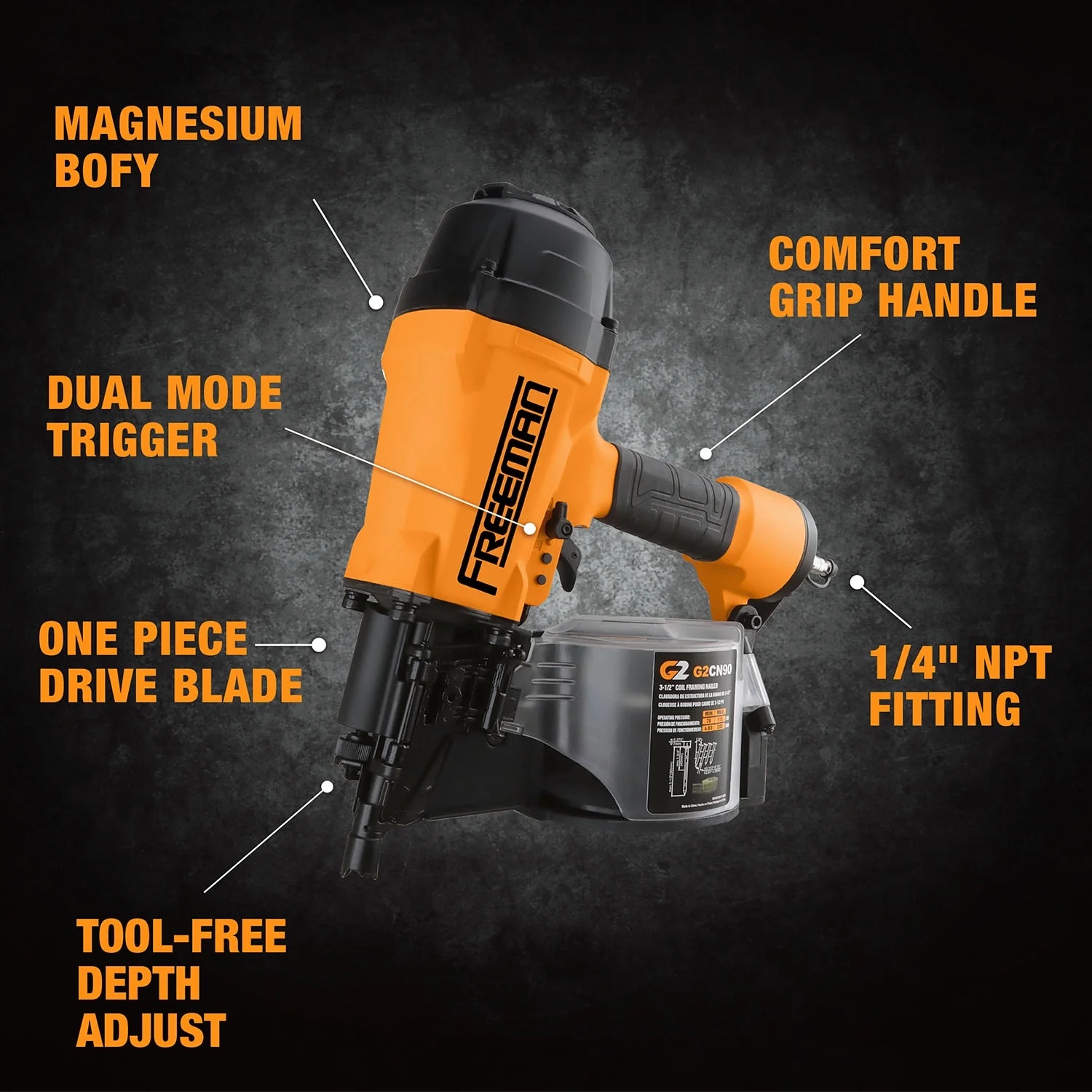 Freeman G2CN90 2nd Generation Pneumatic 15 Degree 3-1/2" Coil Framing Nailer with Adjustable Metal Belt Hook and 1/4" NPT Air Connector - Image 5
