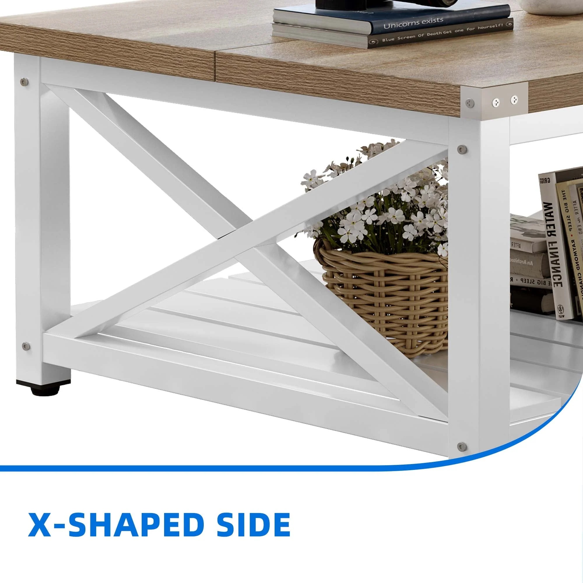 Dextrus Farmhouse Coffee Table Square Wood Center Table End Table with Open Storage Shelf for Living Room, Gray Wash - Image 7