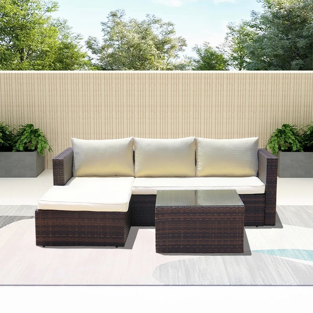 Abble 3pcs Patio Furniture Set Outddor Wicker Sectional Set Conversation Sofa Set with Cushions-Gray - Image 7