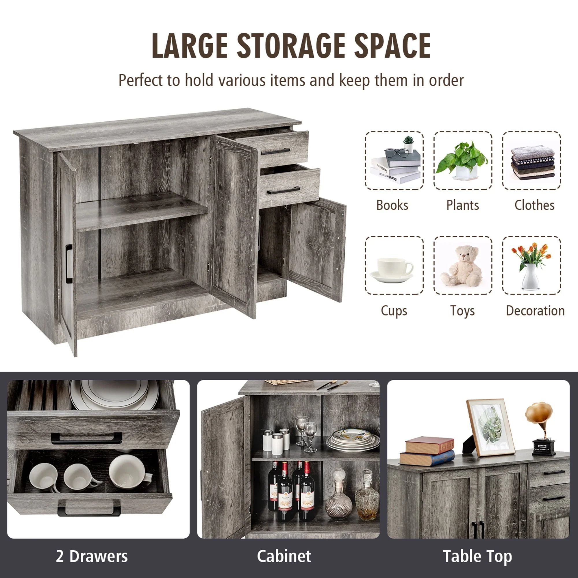 Gymax Buffet Storage Cabinet Console Table Kitchen Sideboard Drawer Grey - Image 9