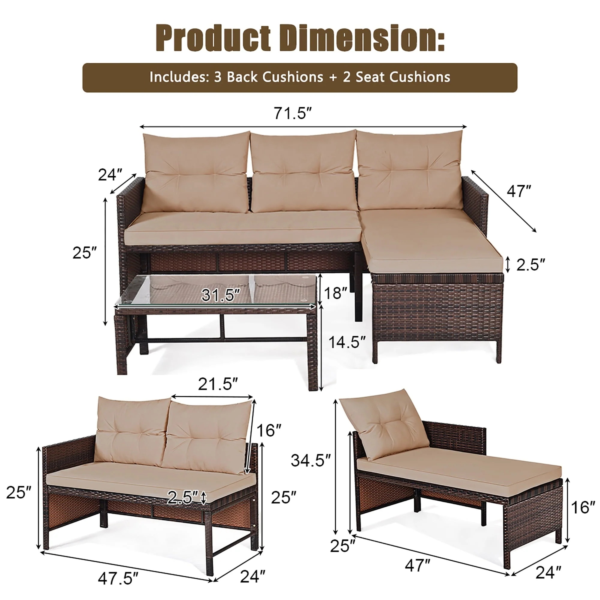 Costway 3PCS Patio Wicker Rattan Sofa Set Outdoor Sectional Conversation Set Garden Lawn Brown - Image 5
