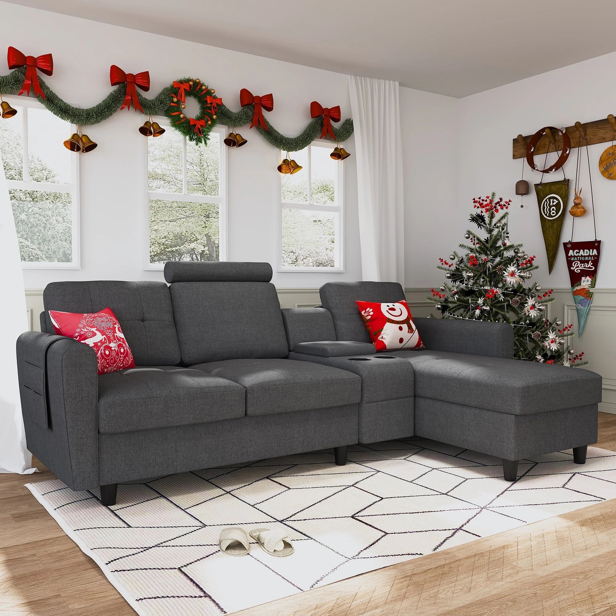 HONBAY Reversible Sectional Sofa Modern Upholstered L Shaped Couch with Cup Holders & Storage Console for Living Room, Grey - Image 2