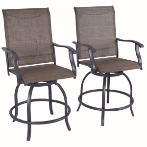 Kozyard Isabella Patio High Swivel Bar Stools/Chairs Steel Frame Outdoor Bistro Set for 2, Brown