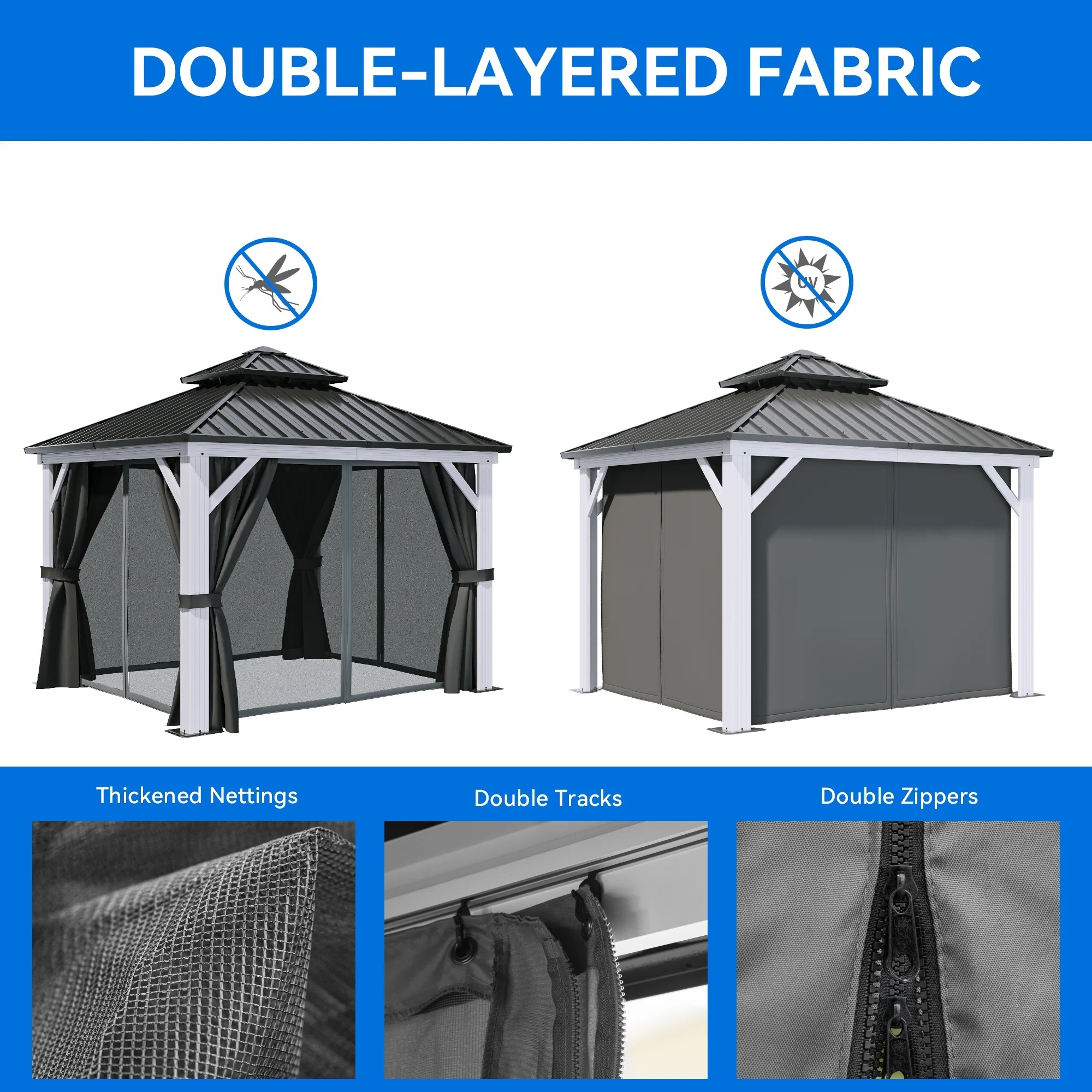 Dextrus 10x12ft Double Roof Hardtop Gazebo with Netting&Curtains, Double Galvanized Iron Aluminum Frame Outdoor White Gazebo,Ideal for Patio, Backyard,Deck and Lawns,Grey Curtain - Image 12