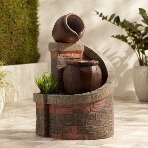 Two Jug 35" High Large Rustic Indoor Outdoor Decor Faux Stone Floor Fountain with Light LED Outside Garden Patio