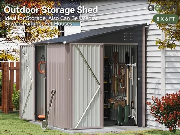 Aoxun 6' x 4' Storage Shed Lean to Storage Shed, Outdoor Metal Wall Side Storage Sheds, Outdoor Storage Cabinet for Patio, Garden, Lawn (Brown) - Image 16