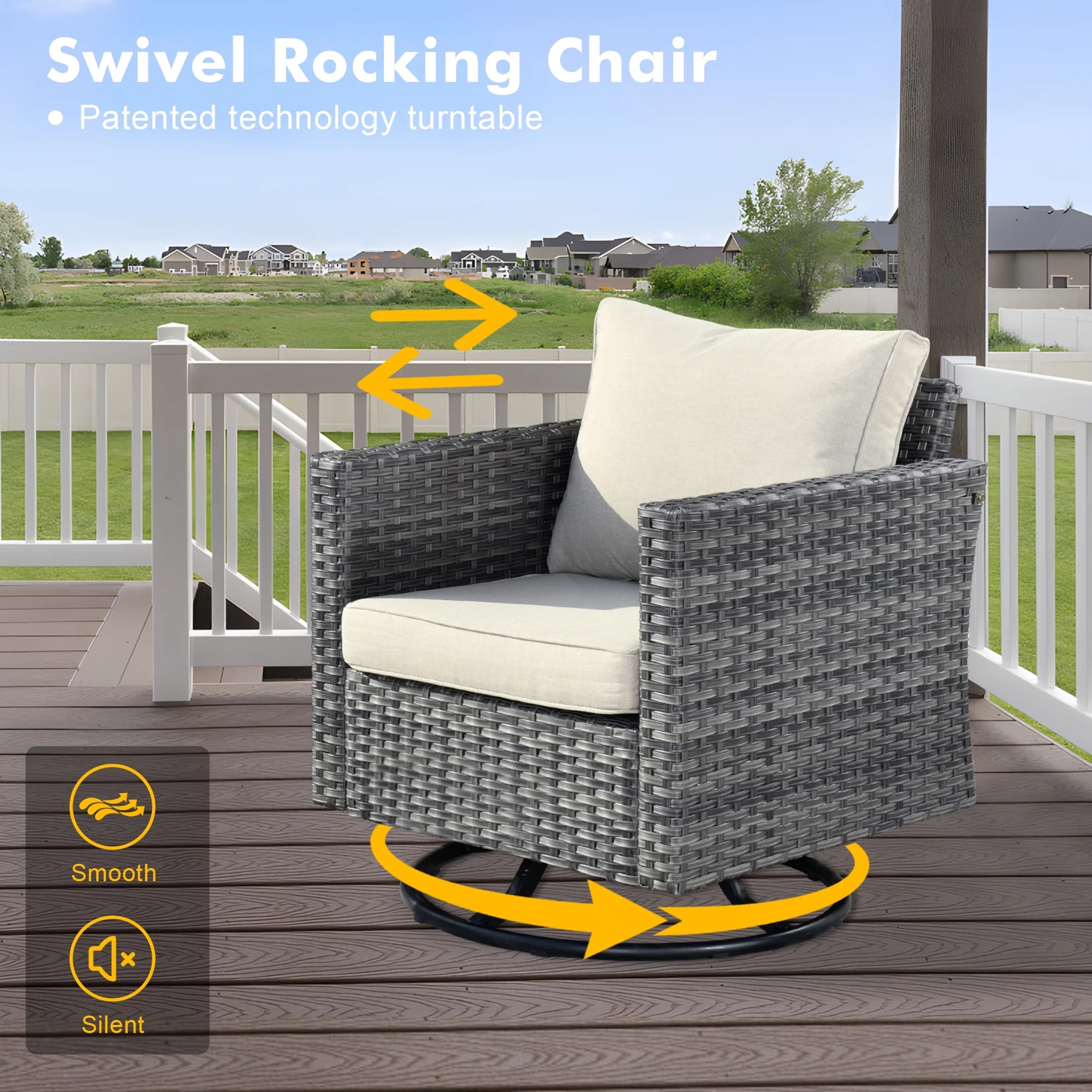Ovios 6 Pieces Outdoor Patio Furniture Set with Gas Propane Fire Pit Table Wicker Outdoor Conversation Set with Swivel Rocking Chair for Backyard, Cushion Beige - Image 6