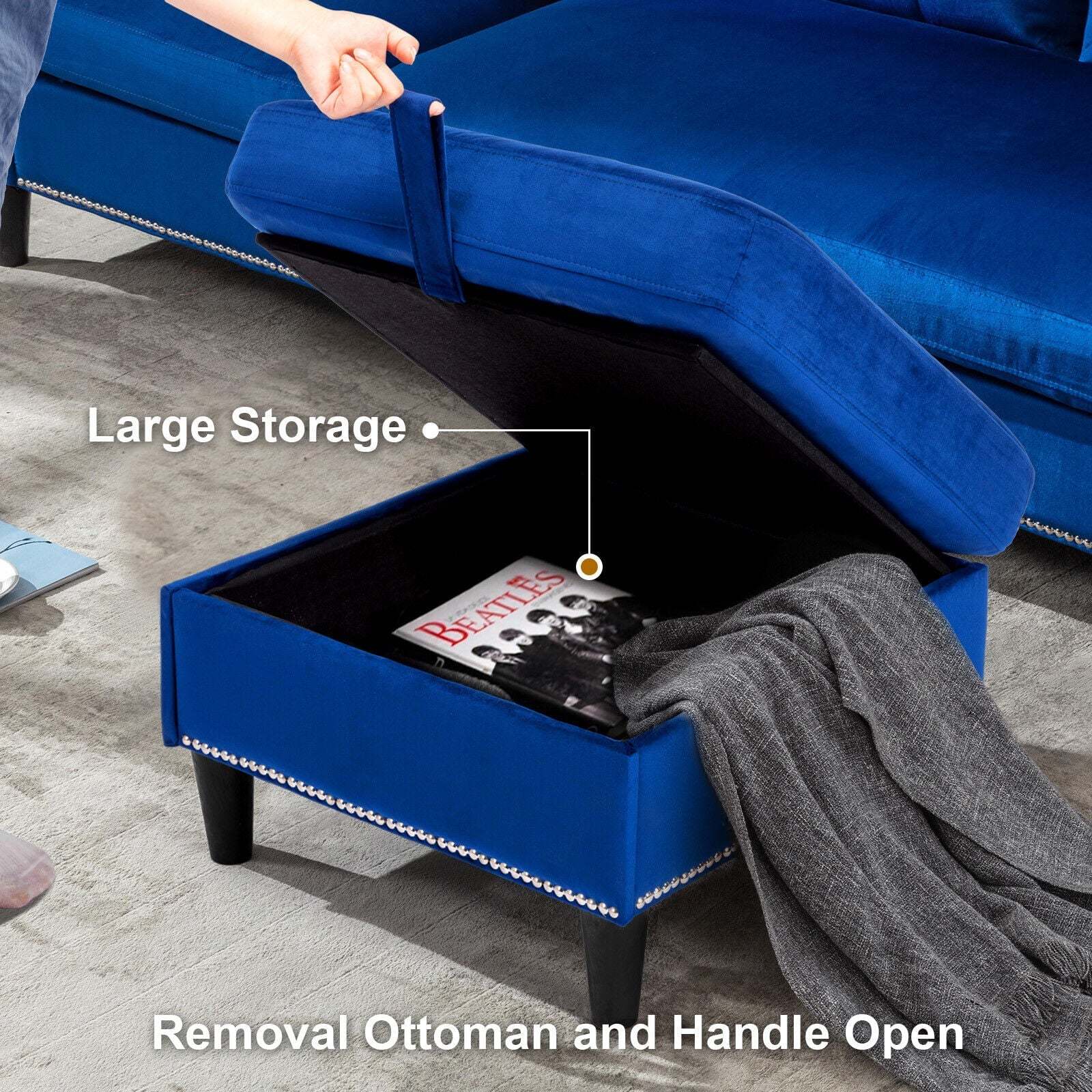 COSVALVE 78" Blue Sectional Couch Velvet Combination L Shaped Sofa with Removal Ottoman, USB, Pocket Storage - Image 6