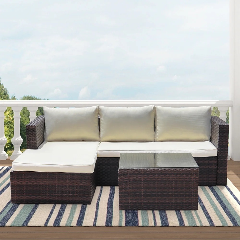 Abble 3pcs Patio Furniture Set Outddor Wicker Sectional Set Conversation Sofa Set with Cushions-Gray - Image 8