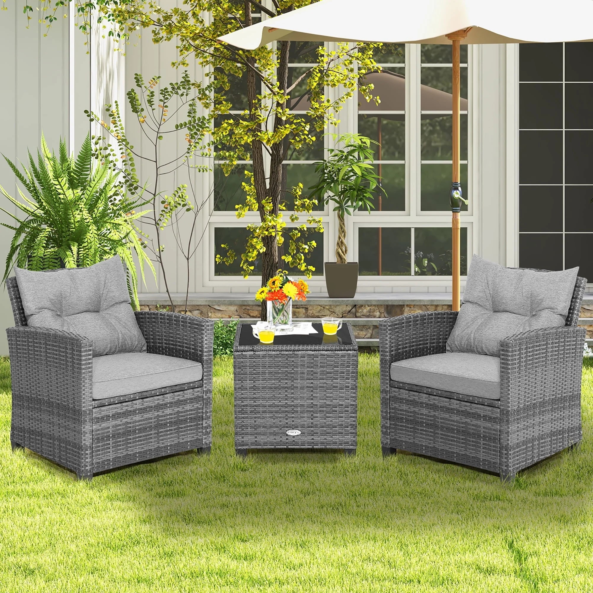 Costway 3PCS Patio Rattan Furniture Set Cushioned Conversation Set Sofa Coffee Table Red - Image 17