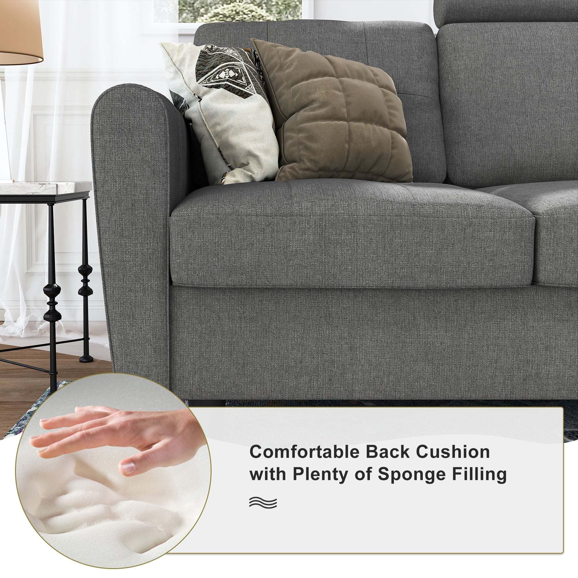 HONBAY Reversible Sectional Sofa Modern Upholstered L Shaped Couch with Cup Holders & Storage Console for Living Room, Grey - Image 3