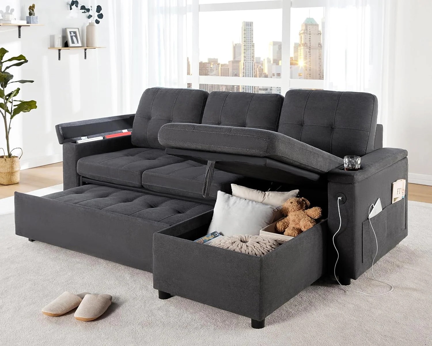 Papajet Sleeper Sofa, Modern Tufted Convertible Sofa Bed, USB Charging Ports & Cup Holders, L Shaped Sofa Couch with Storage Chaise, Linen Couches for Living Room (Dark Grey) - Image 4