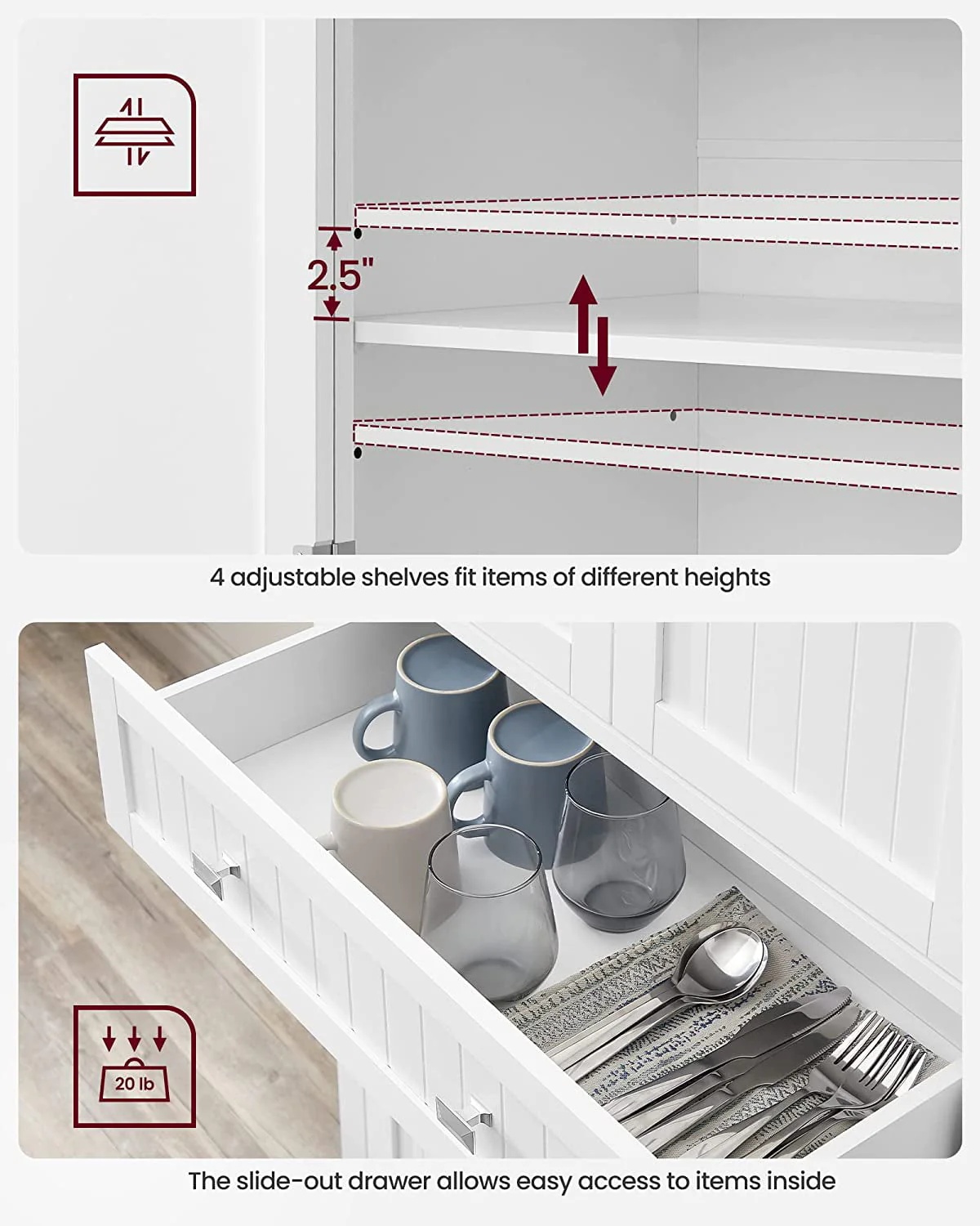 VASAGLE 71.9 Inch Kitchen Pantry Storage Cabinet Tall Freestanding Cupboard with 1 Large Drawer 6 Hanging Shelves for Dining Room Laundry White - Image 6