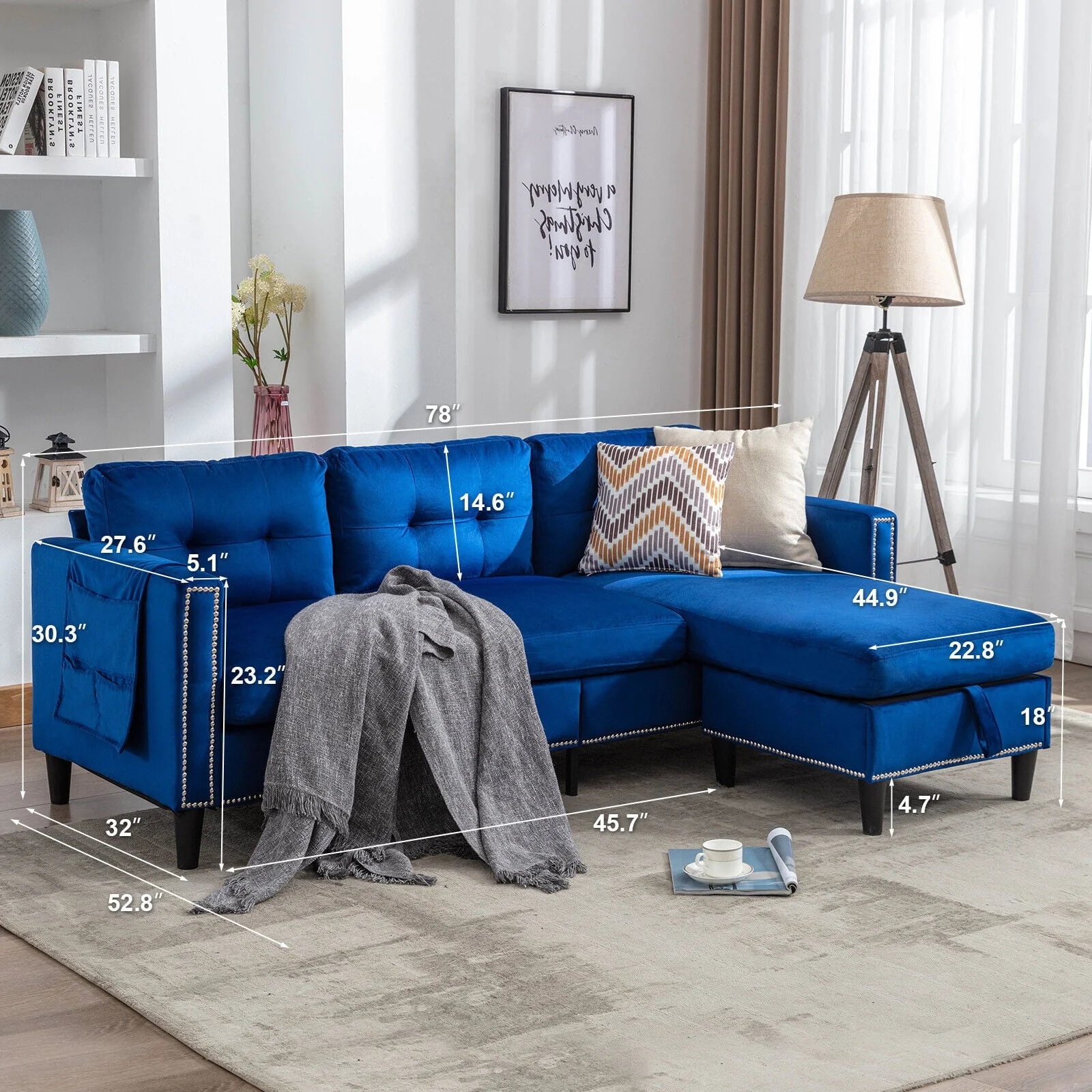 COSVALVE 78" Blue Sectional Couch Velvet Combination L Shaped Sofa with Removal Ottoman, USB, Pocket Storage - Image 4