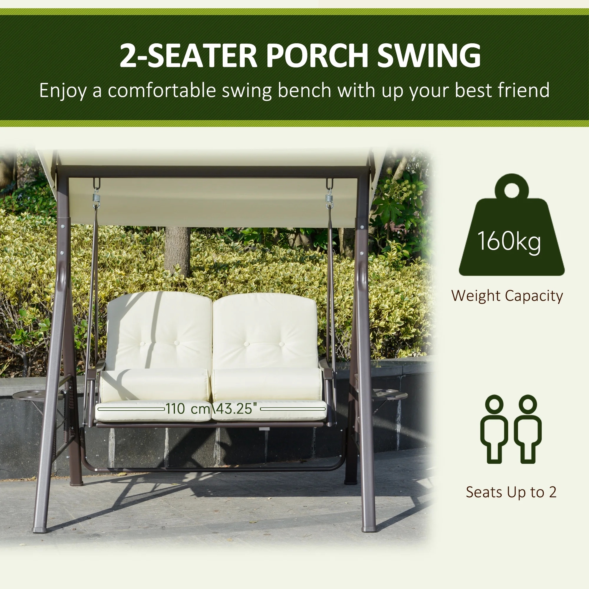 Outsunny 2-Person Patio Swing Bench with Adjustable Shade Canopy, Soft Cushions, Throw Pillows and Tray, Beige. - Image 5