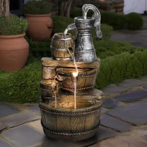 Outdoor Floor Rustic 5-Tiered Barrel and Pump Water Fountain for Garden and Patio Decor