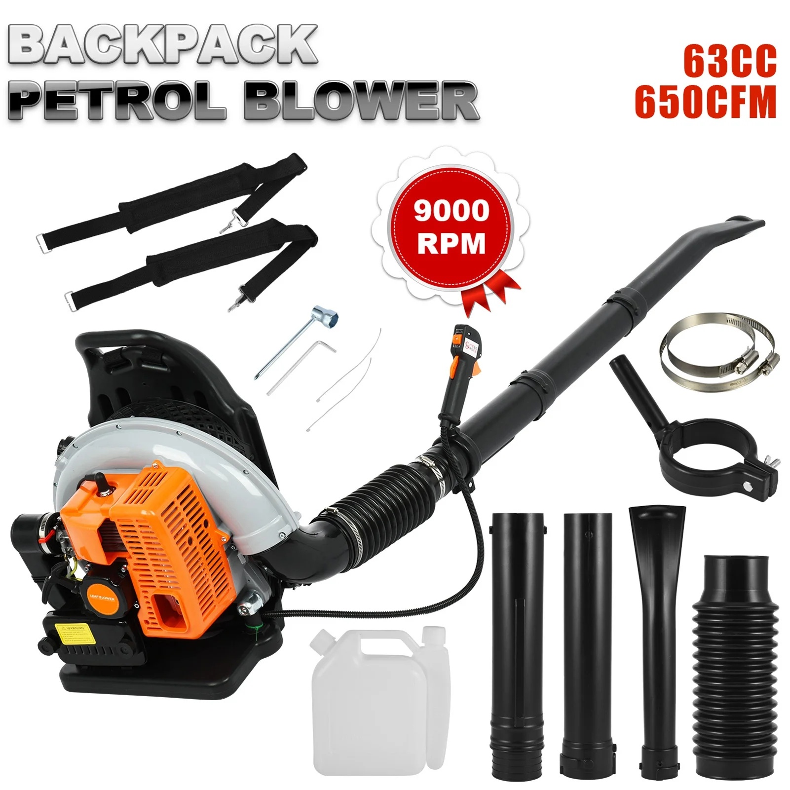 Limorve EB650 Backpack Leaf Blower, 2-Stroke Engine Multi-purpose 63 Cubic Centimeter High Strength Snow Blower for Lawn Care, Patio, Sidewalk,Snow Blowing-Orange - Image 8