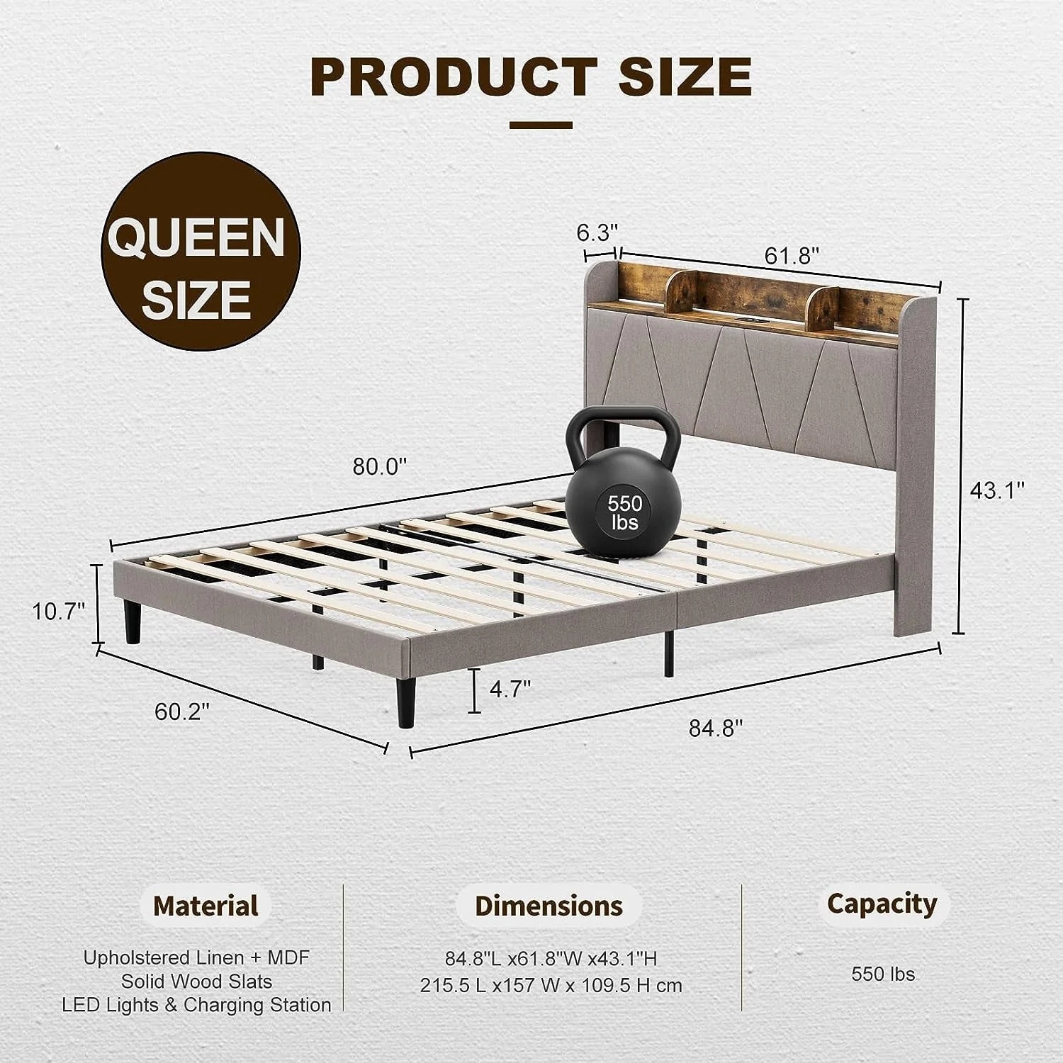 IKIFLY Queen Bed Frame with Charging Station & Storage Shelf Headboard, Upholstered LED Bed Frame with 2 Outlets and 2 USB Ports-? Type C-? Solid Wood Slats, No Box Spring Needed - Light Brown - Image 2