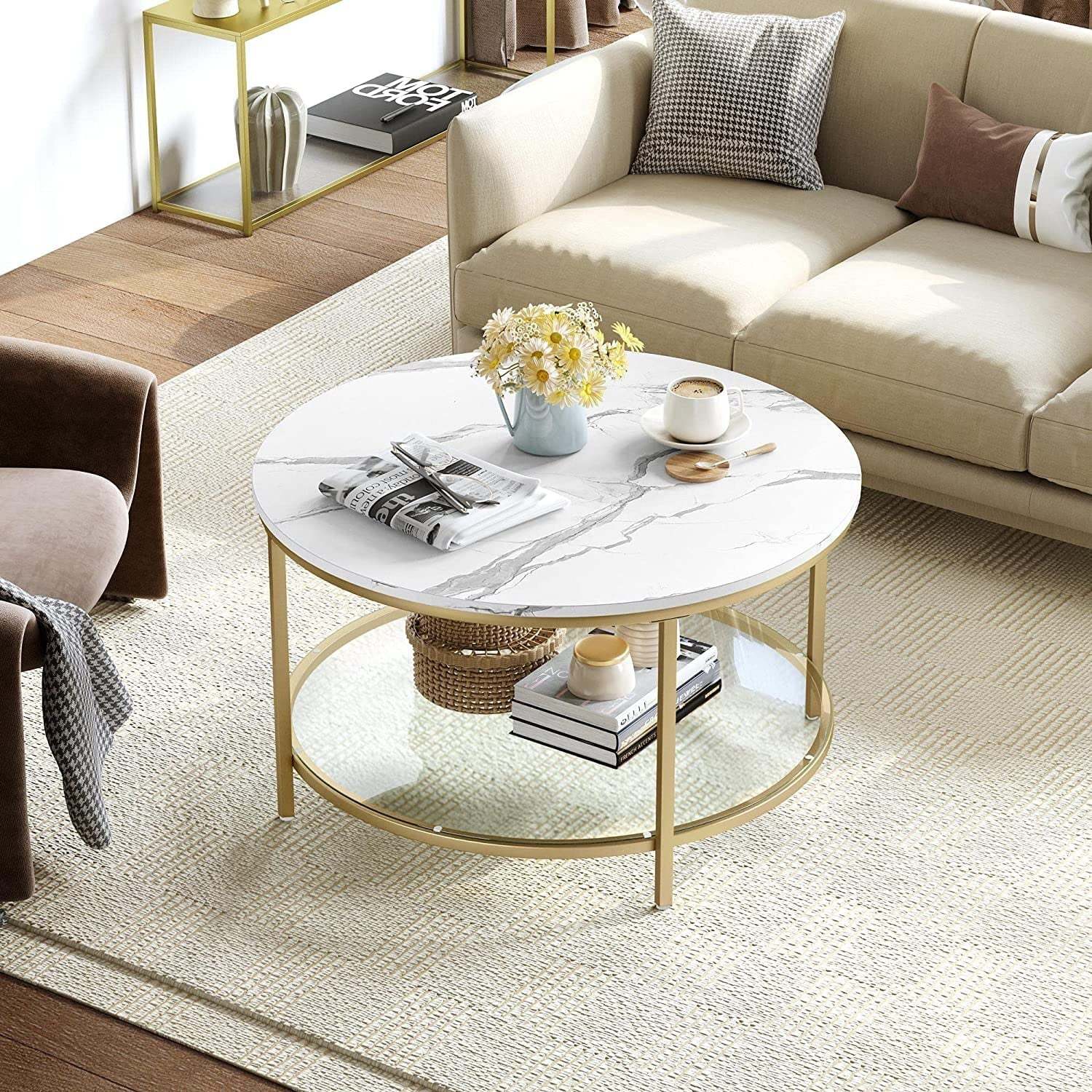 DEXTRUS 2-Tier Round Coffee Table Marble Center Cocktail Table with Glass Open Storage Shelf, White & Gold - Image 3