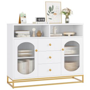 Homfa 47.2'' Sideboard Storage Cabinet, 3 Drawers Buffet Cabinet with Glass Doors for Kitchen Dining Room, White
