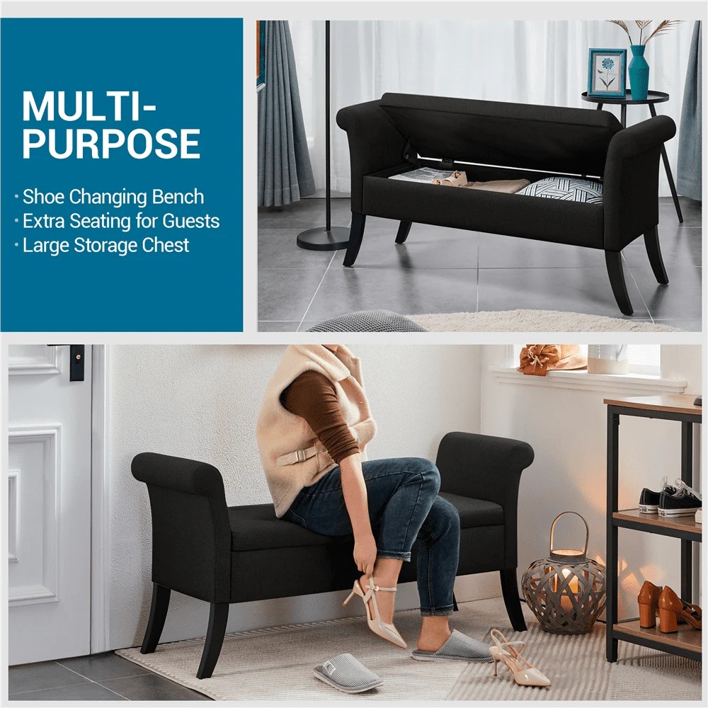 SMILE MART Modern Fabric Tufted Storage Bench with Rolled Arms for Home, Black - Image 8