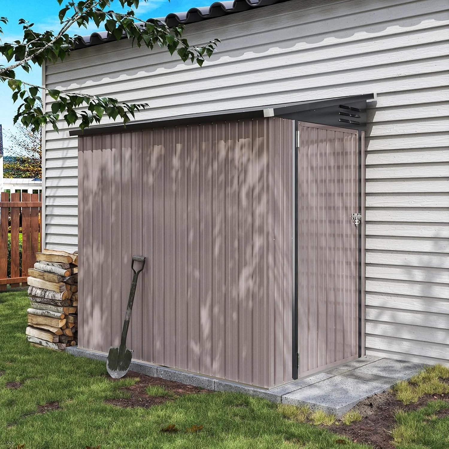 Aoxun 6' x 4' Storage Shed Lean to Storage Shed, Outdoor Metal Wall Side Storage Sheds, Outdoor Storage Cabinet for Patio, Garden, Lawn (Brown) - Image 2