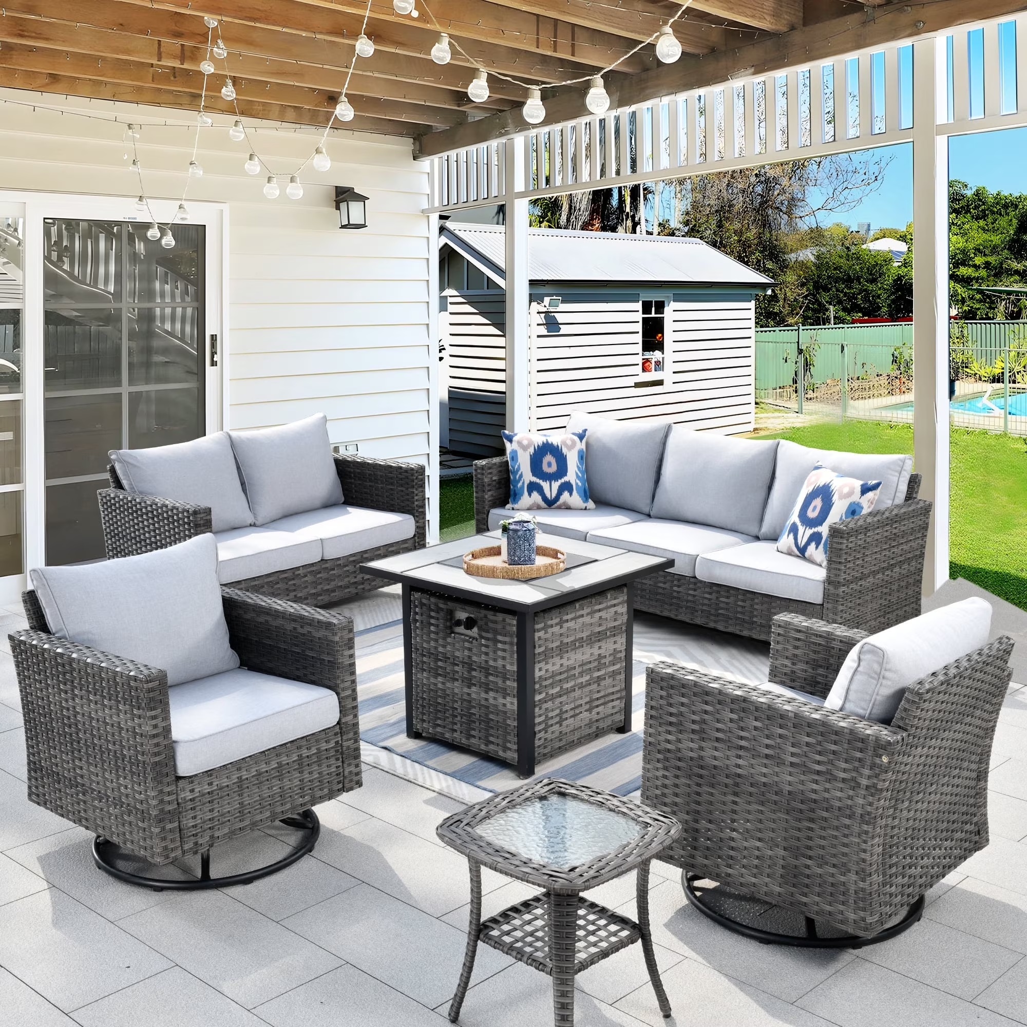 Ovios 6 Pieces Outdoor Patio Furniture Set with Gas Propane Fire Pit Table Wicker Outdoor Conversation Set with Swivel Rocking Chair for Backyard, Cushion Beige - Image 11