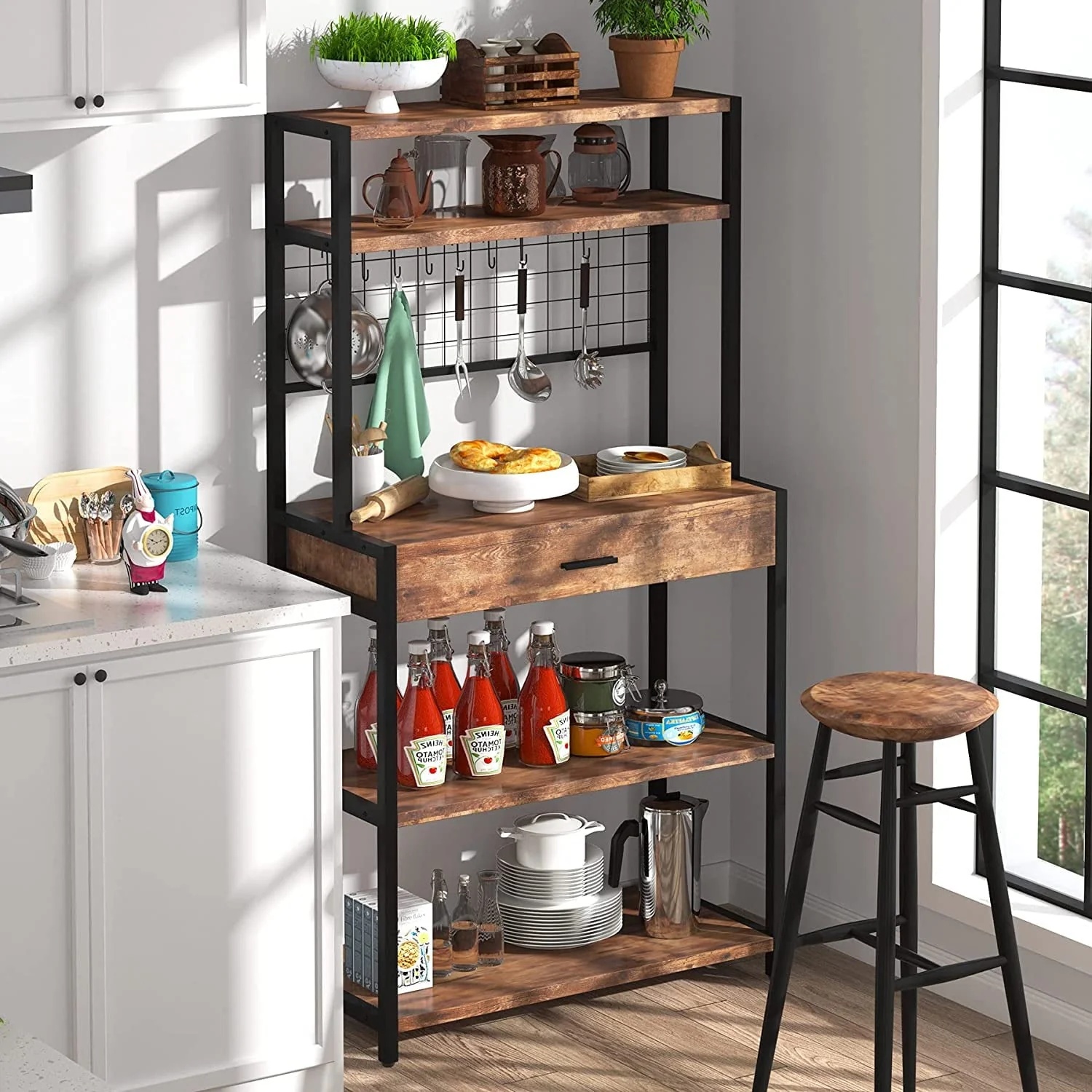 Tribesigns Kitchen Bakers Rack with Hutch, 5-Tier Kitchen Utility Storage Shelf with Hutch and 8 S-Hooks, Vintage Brown - Image 2