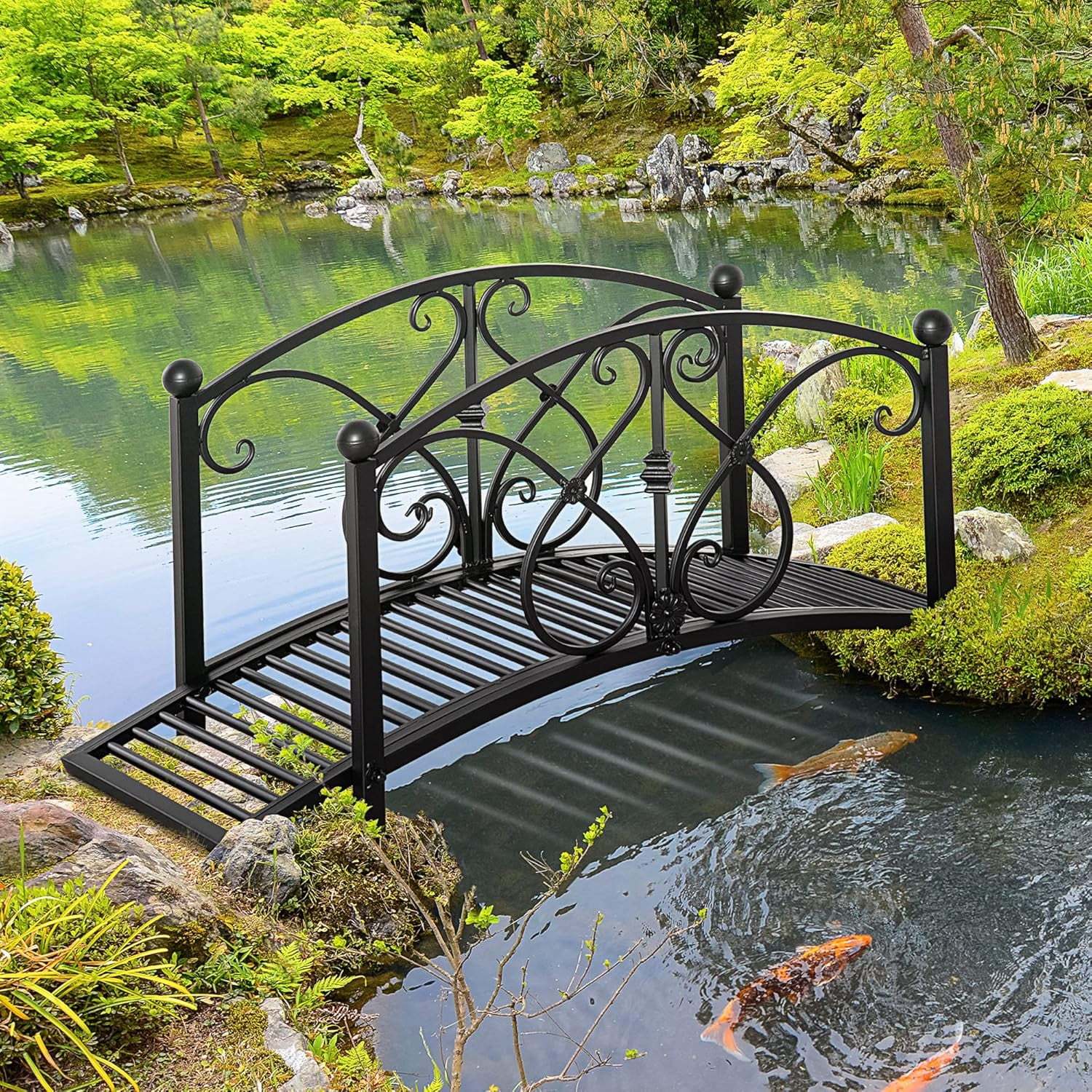 XgoodX 3.3FT Metal Garden Bridge with Decorative Scrollwork, Arched Footbridge with Safety Side Rails for Pond, Stream, Yard, Zen Garden, Outdoor Landscape D-cor-Black - Image 2