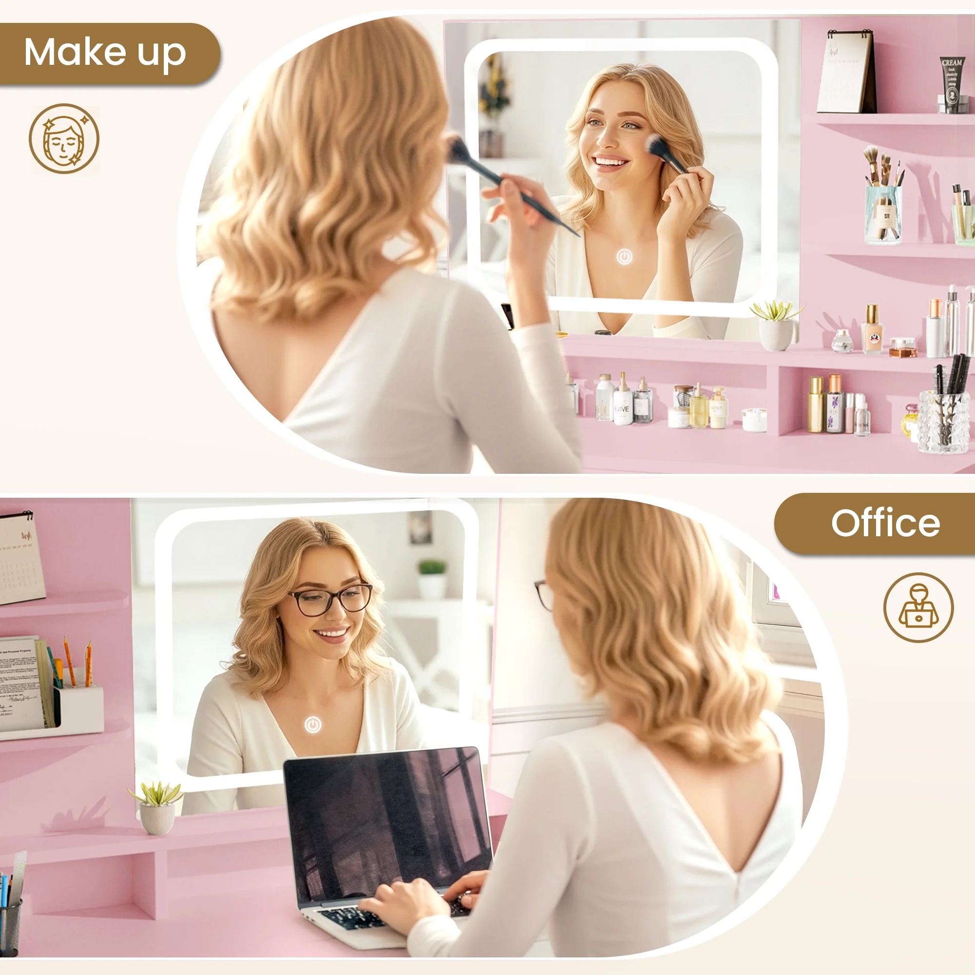 LIVELYGLOW Vanity Desk with Mirror and Lights, Makeup Vanity with Drawer & Storage Shelves, Cabinet, 3 Lighting Modes Adjustable Brightness,White - Image 29