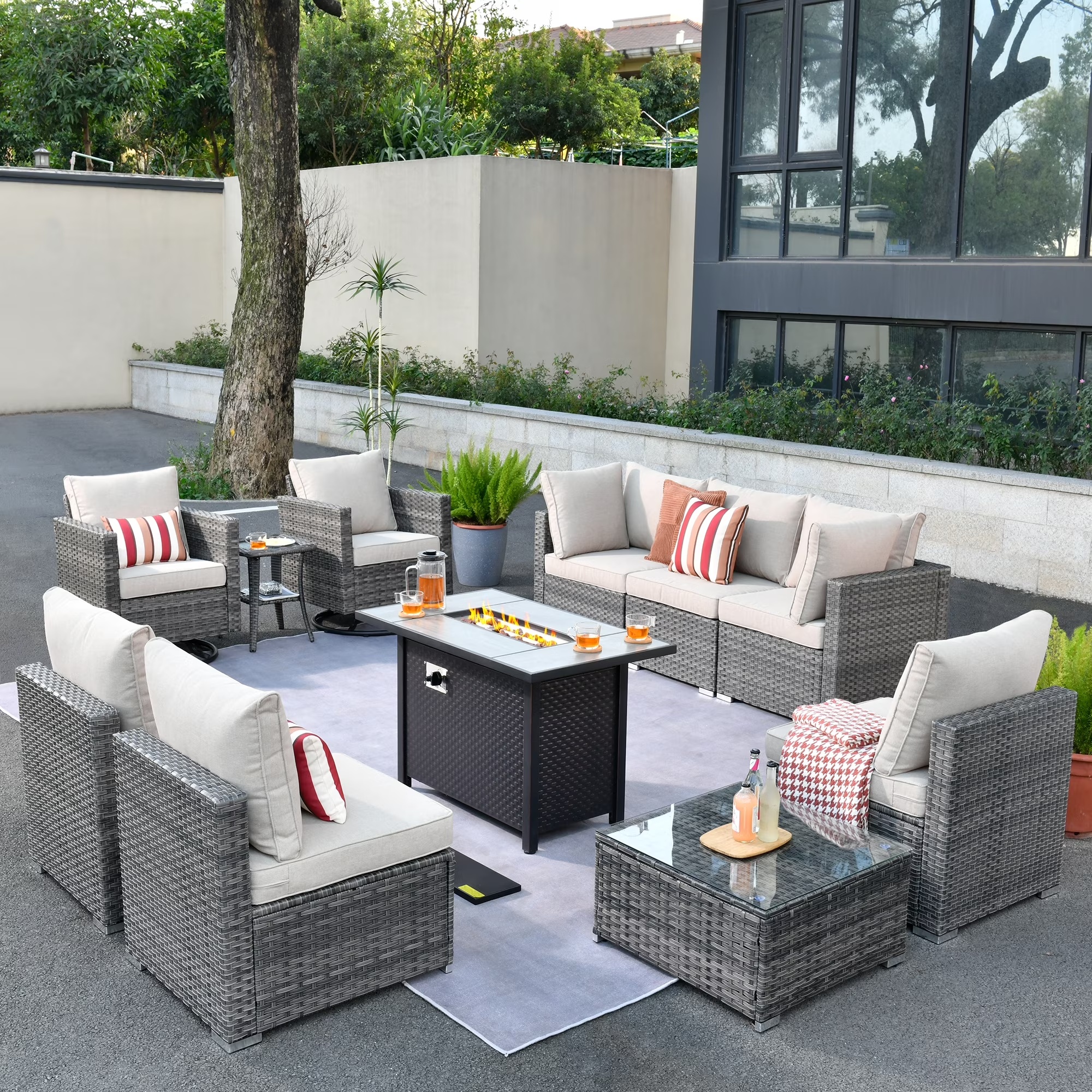 Ovios 11 Pieces Patio Fire Pit Set Outdoor Wicker Sectional Sofa Conversation Set with Swivel Rocking Chairs and Side Table,Dark Gray - Image 7