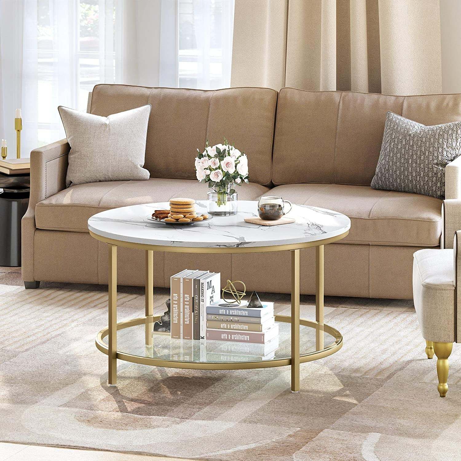 DEXTRUS 2-Tier Round Coffee Table Marble Center Cocktail Table with Glass Open Storage Shelf, White & Gold - Image 4