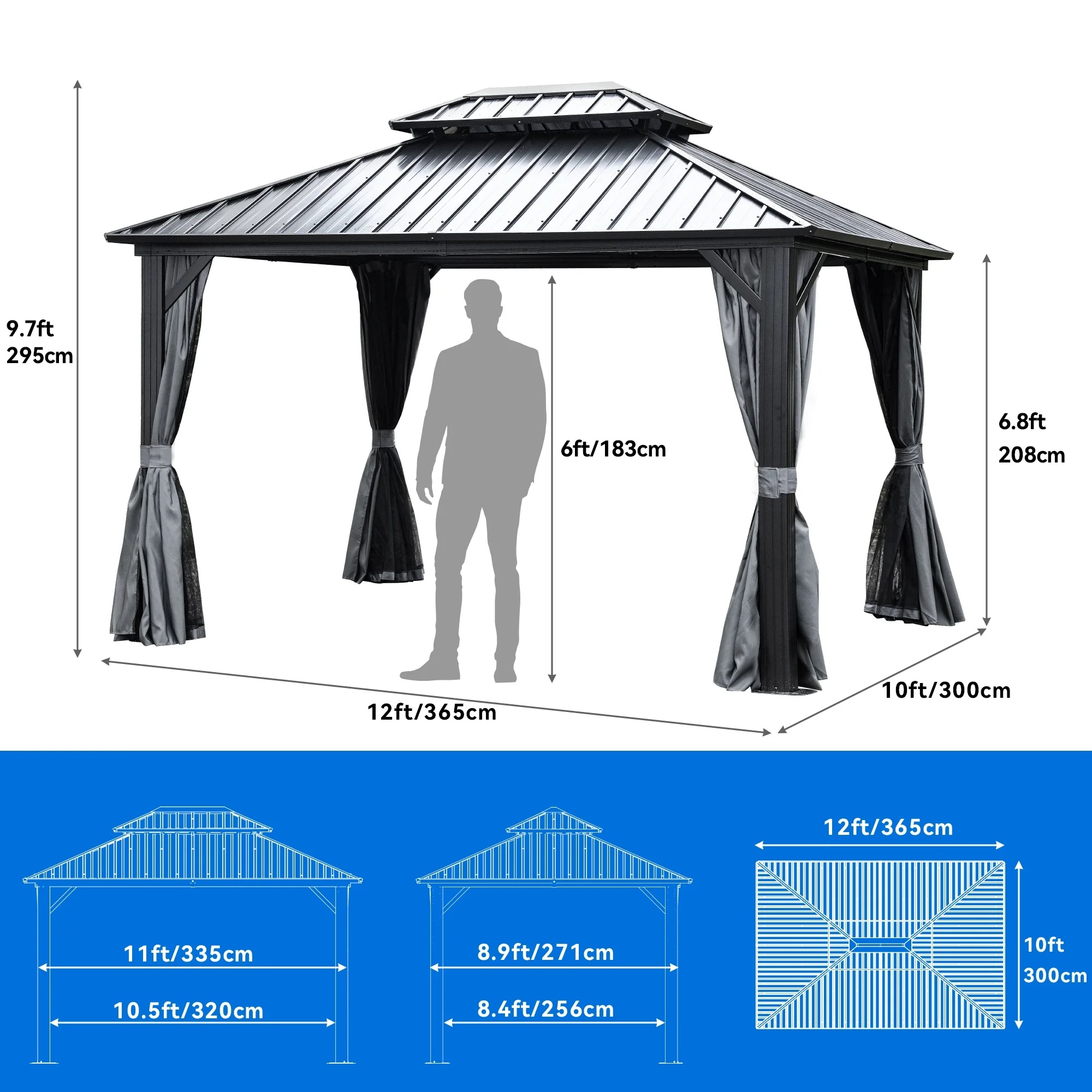 Dextrus 10x12ft Double Roof Hardtop Gazebo with Netting&Curtains, Double Galvanized Iron Aluminum Frame Outdoor White Gazebo,Ideal for Patio, Backyard,Deck and Lawns,Grey Curtain - Image 22