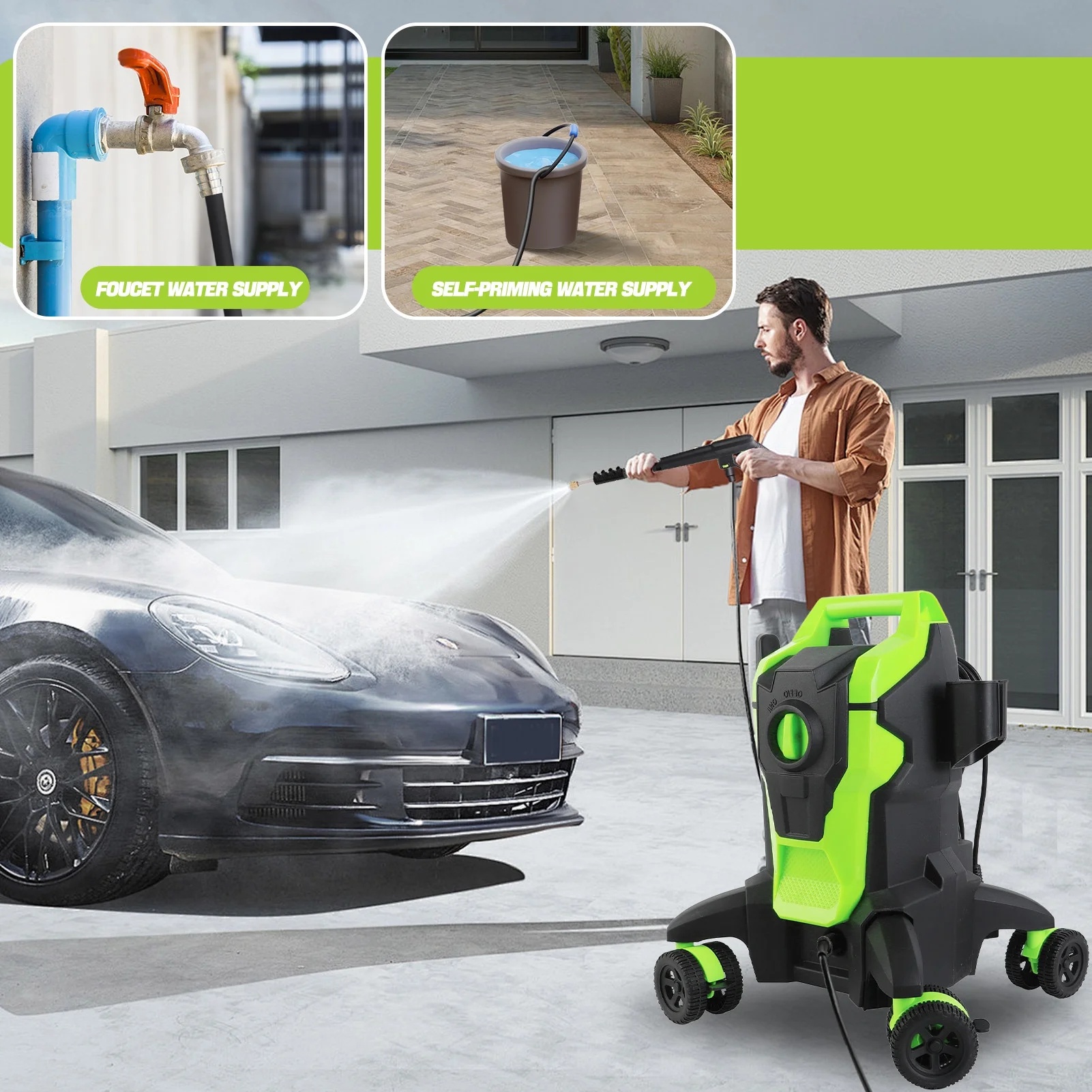 Electric Pressure Washer, 4000PSI Max. 2.8 GPM Power Washer w/ 32 ft Hose and 32 ft Power Cord, 4 Quick Connect Nozzles, 4 Wheels, Foam Cannon, Suitable For Clean Cars, Patios, Driveways - Image 5