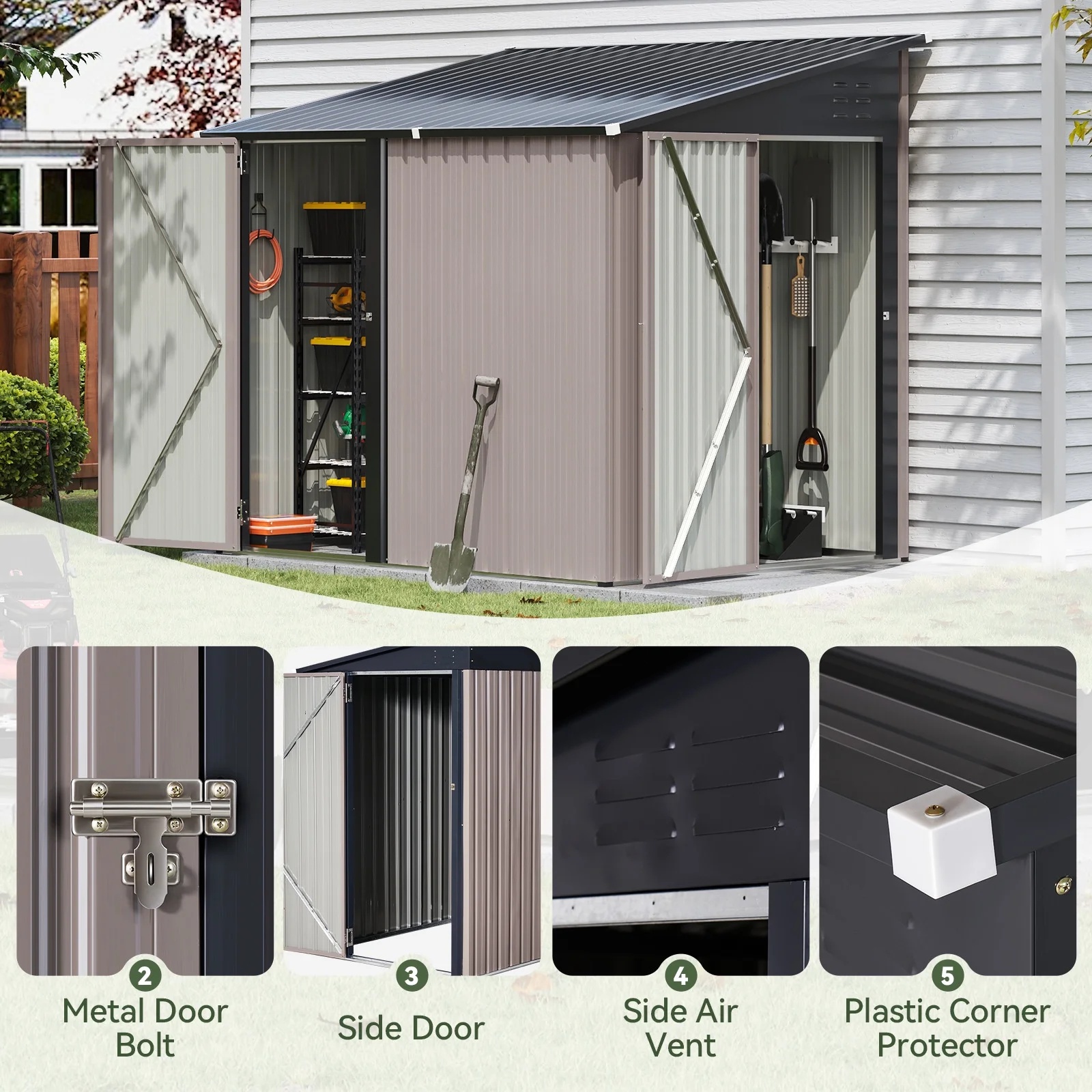 Aoxun 6' x 4' Storage Shed Lean to Storage Shed, Outdoor Metal Wall Side Storage Sheds, Outdoor Storage Cabinet for Patio, Garden, Lawn (Brown) - Image 17