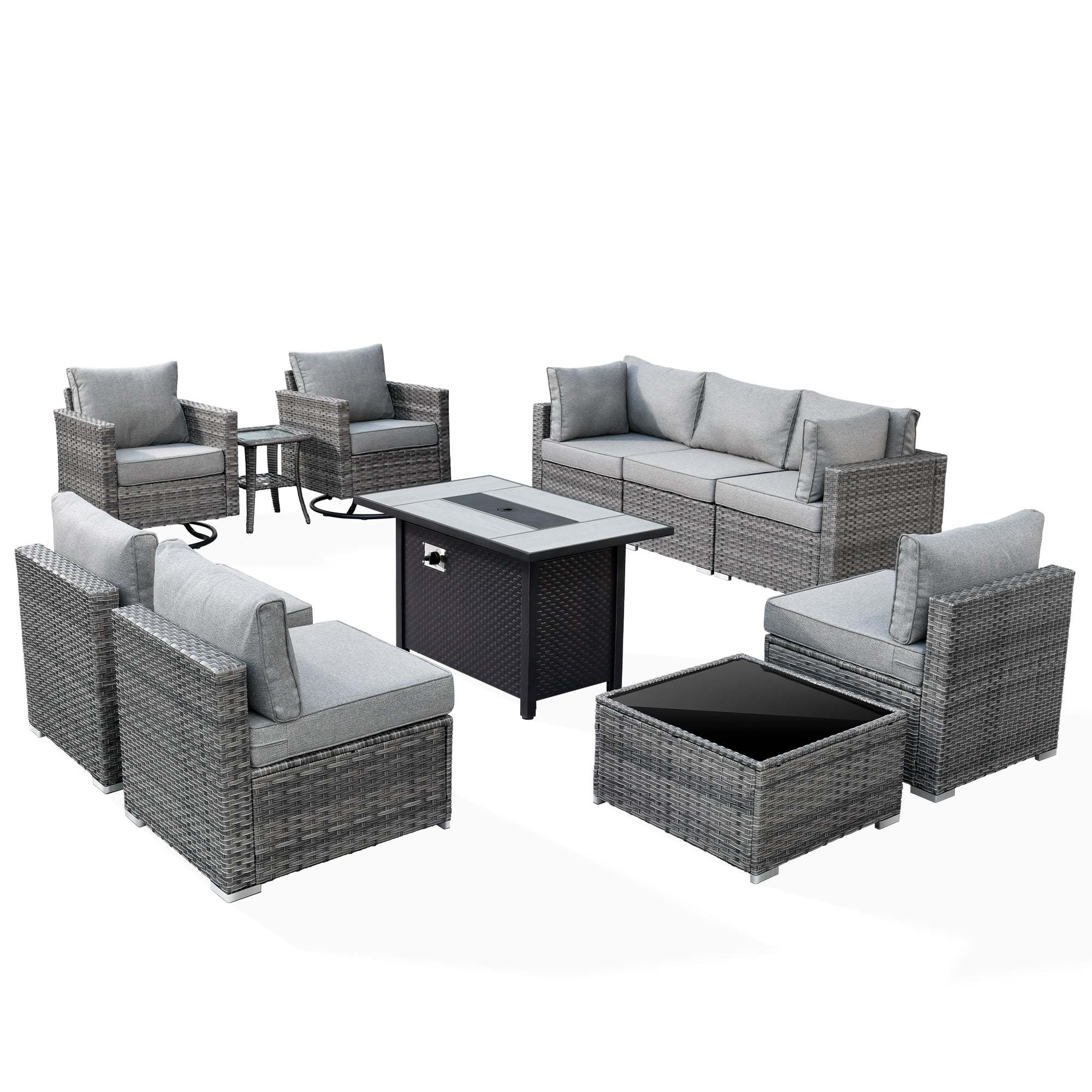 Ovios 11 Pieces Patio Fire Pit Set Outdoor Wicker Sectional Sofa Conversation Set with Swivel Rocking Chairs and Side Table,Dark Gray - Image 2