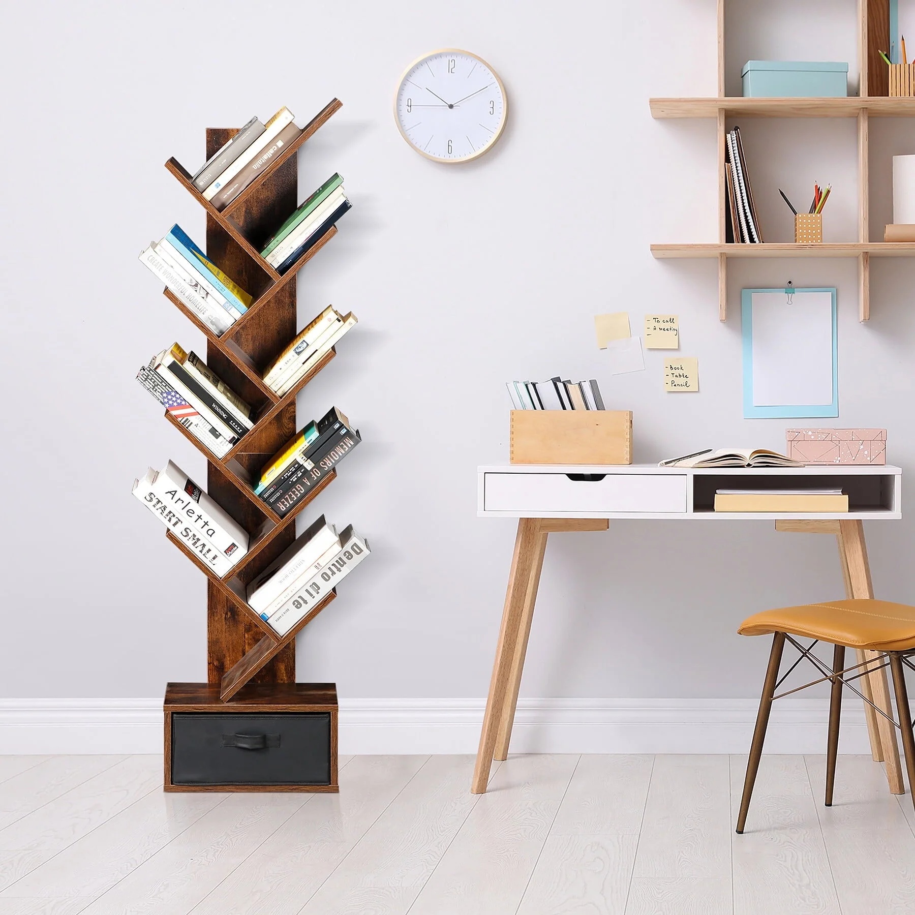 HomGarden 9 Tier Tree Bookshelf Modern Storage Rack Floor Bookcase W/Drawer, Rustic Brown - Image 6