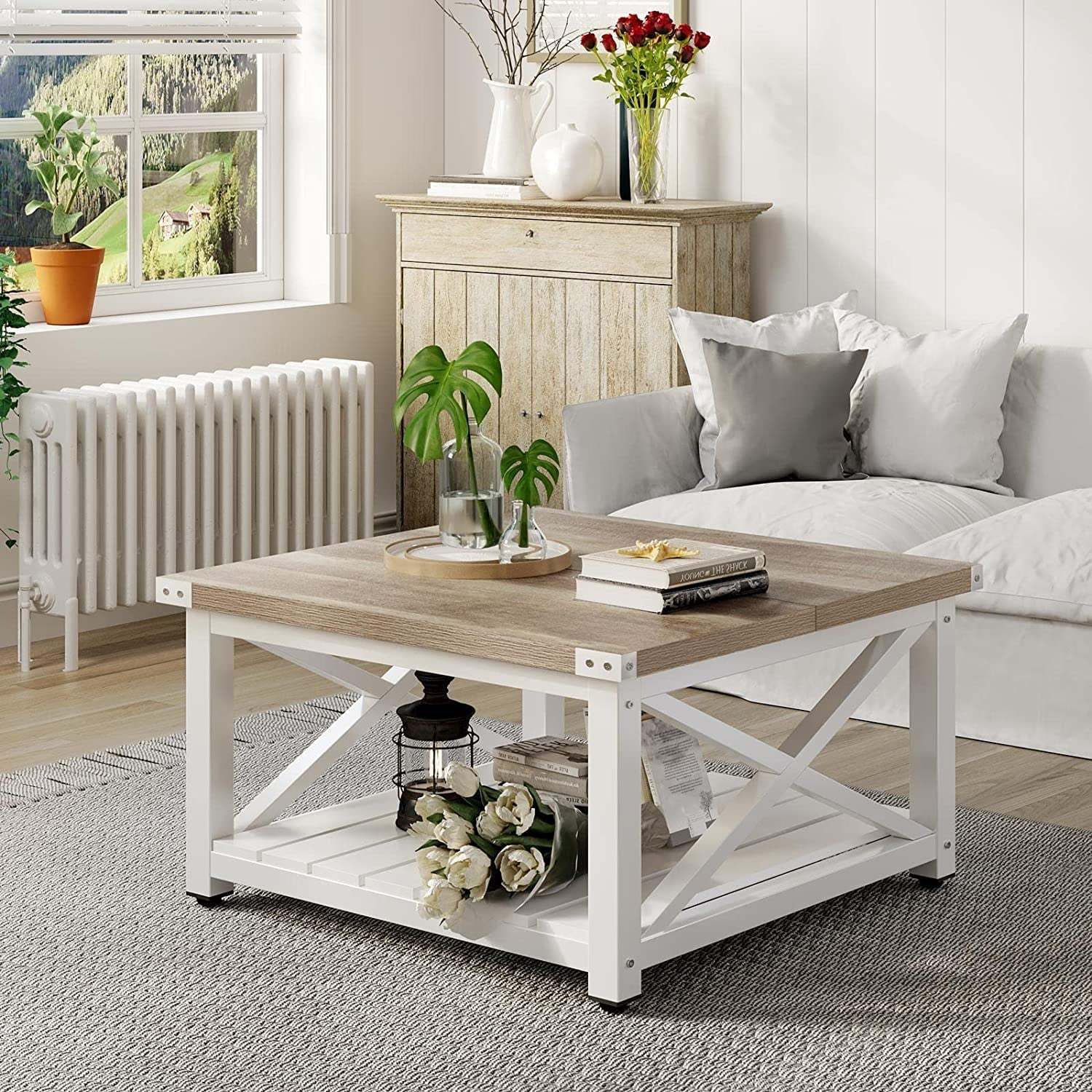 Dextrus Farmhouse Coffee Table Square Wood Center Table End Table with Open Storage Shelf for Living Room, Gray Wash - Image 3