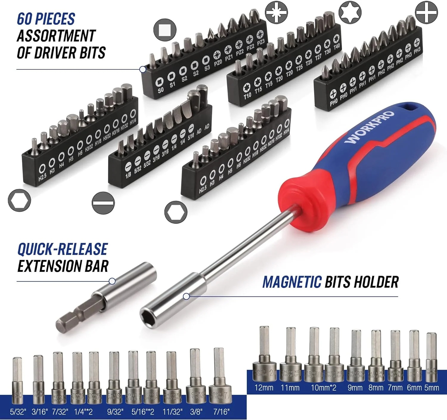 WORKPRO Mechanics Tools Kit and Socket Set, 192-Piece, SAE&Metric, 1/2'', 1/4'', 3/8'' Drive Socket Ratchet Wrench Set with Molded Case - Image 4