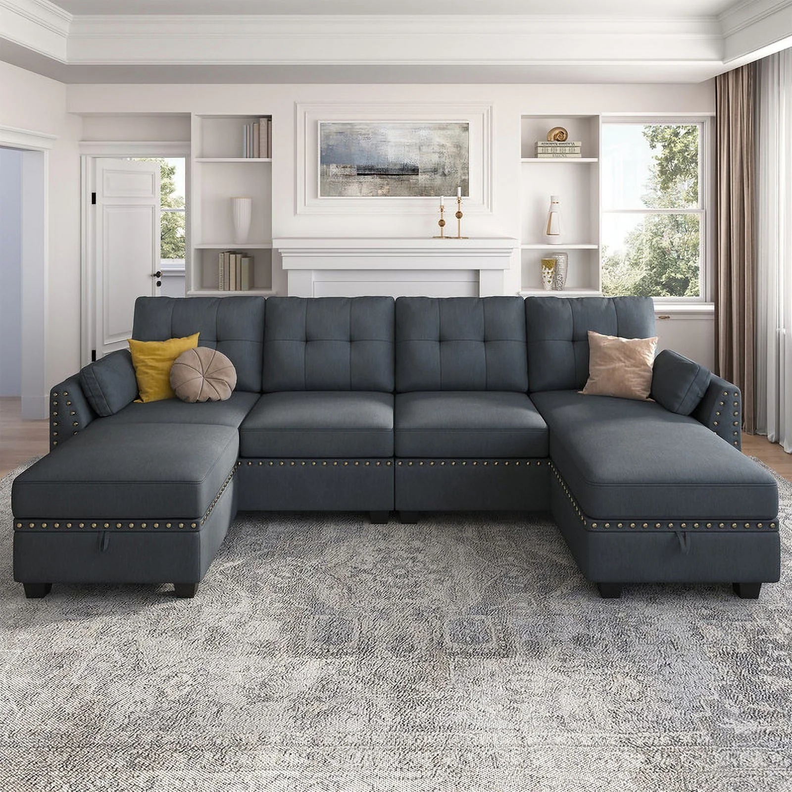 HONBAY Modern Linen Fabric with Reversible Chaise L-Shaped Sofa Couch with Storage Ottoman for Small Space Living Room, Bluish Grey - Image 2