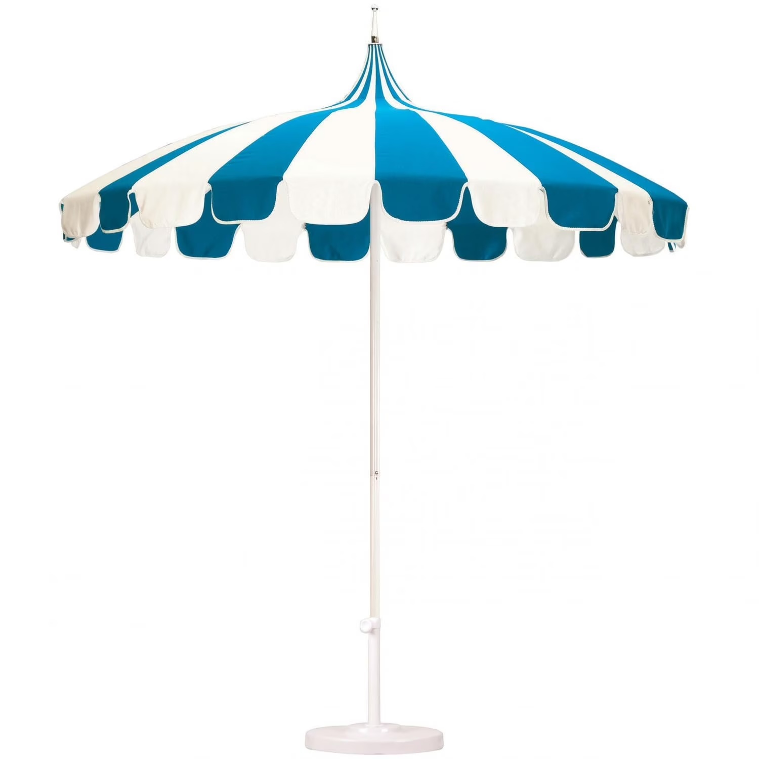 California Umbrella Pagoda Series 8.5 Ft Round Aluminum Pagoda Patio Umbrella W/ Push Lift & Steel Wire Ribs - White Frame / Sunbrella Pacific Blue Stripe Canopy